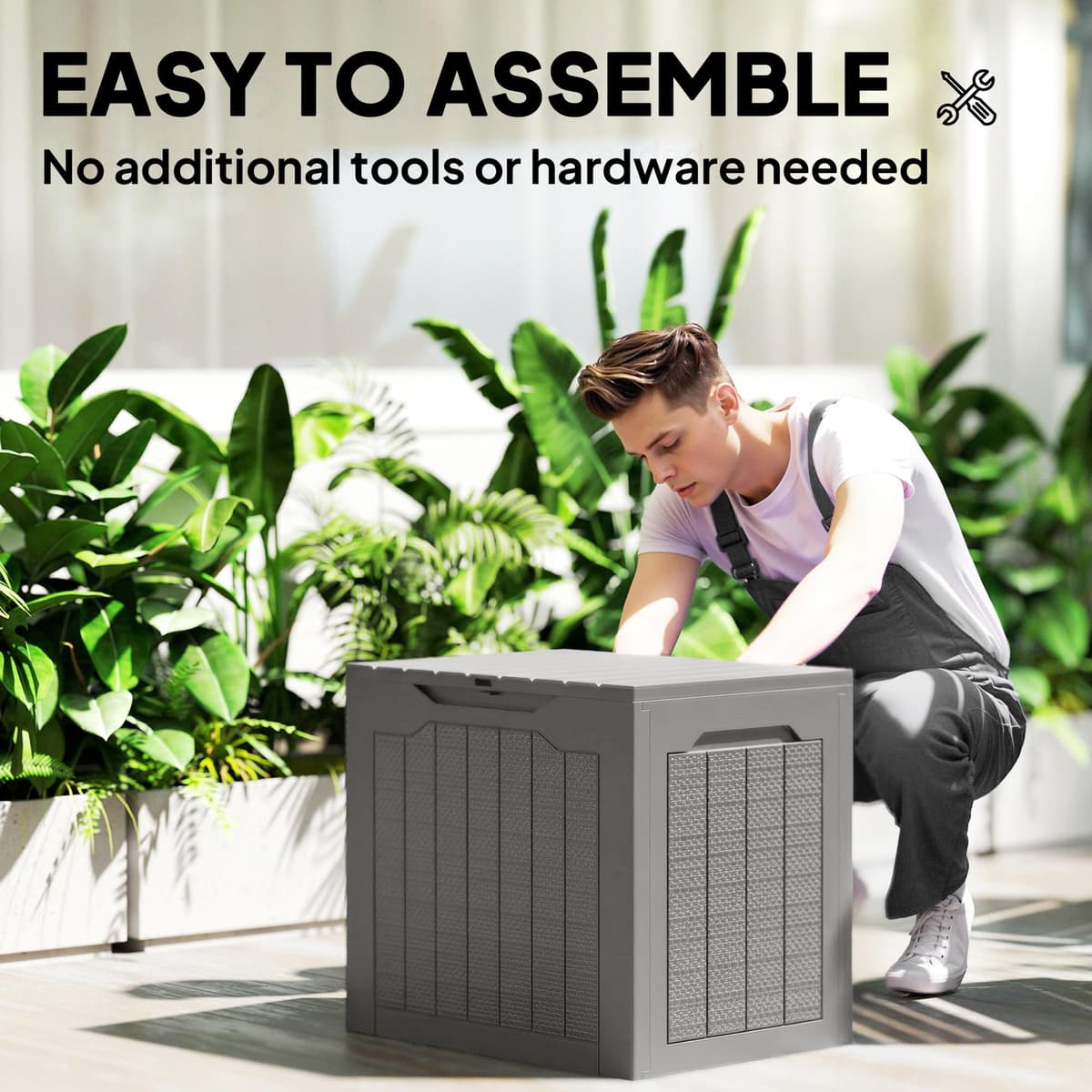 Outsunny 93L Plastic Garden Storage Box, Outdoor Storage Box with Handles, Waterproof Outdoor Storage Container for Garden Tools and Accessories, Khaki — view 3