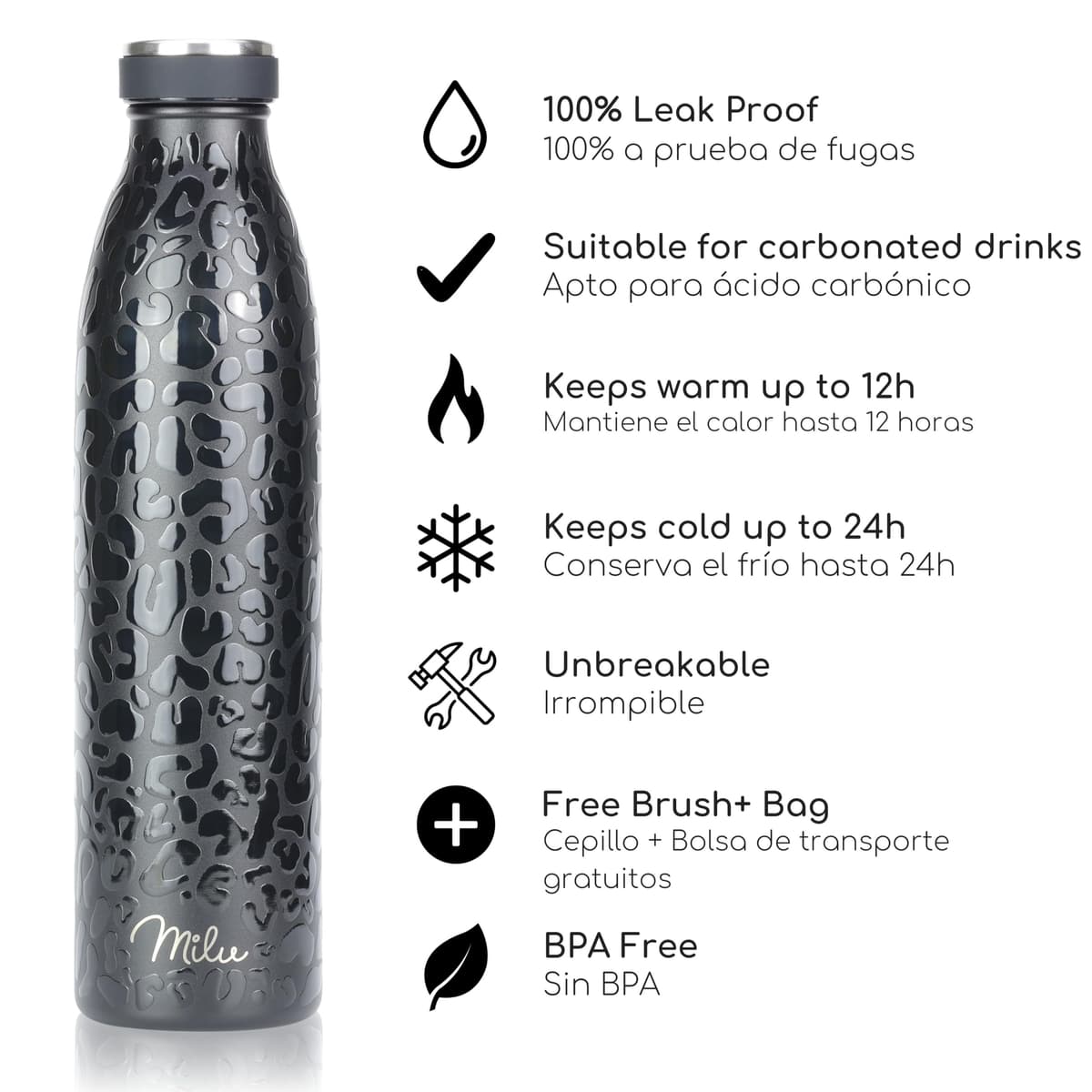 Milu Botella de acero inoxidable de 350ml 500ml 750 ml 1 L 1,5 L botella de agua aislada, termo a prueba de fugas, doble pared, apta para ácido carbónico + cepillo de limpieza (Azul Violeta, 350ml) — view 135