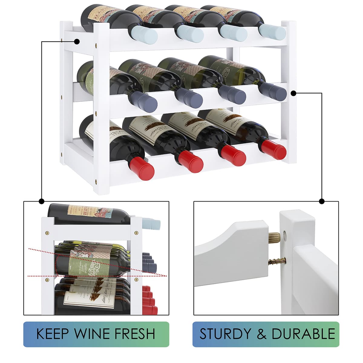 SMIBUY Botellero de bambú, Soporte para 12 Botellas, estantes de Almacenamiento Independientes de 3 Niveles para Cocina, despensa, Bodega, Bar (Blanco) — view 4