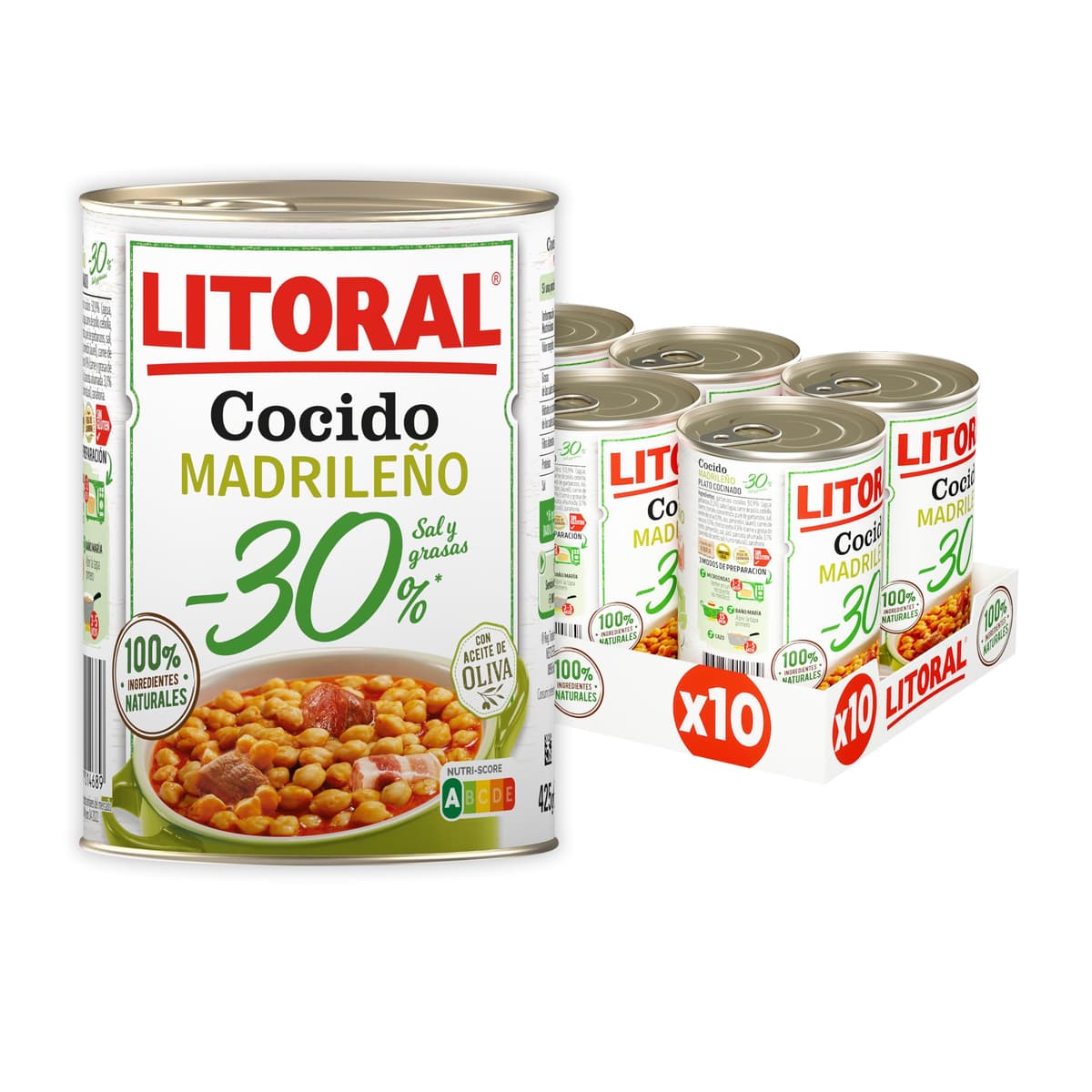 Litoral Cocido Madrileño -30% Sal y Grasa - Plato Preparado Sin Gluten - Pack de 10x425g - Total: 4.25kg