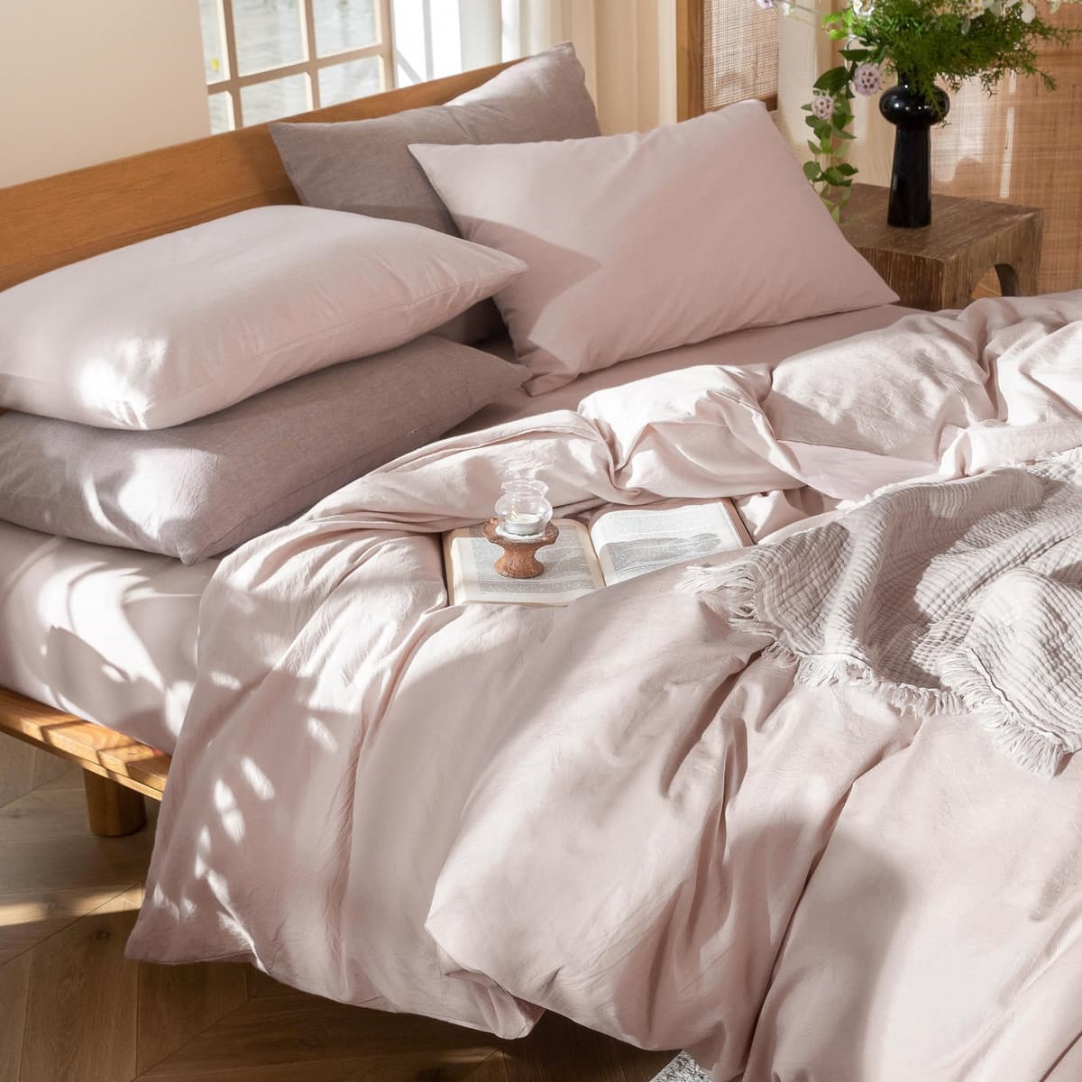 MooMee Bedding Duvet Cover Set 100% Washed Cotton Linen Like Textured Breathable Durable Soft Comfy (Tannish Linen Grey, King) — view 184