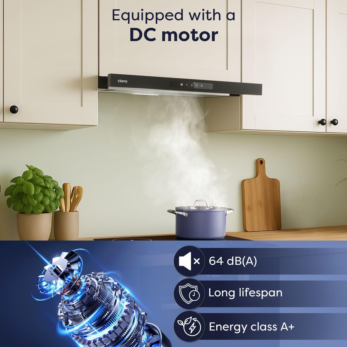 CIARRA CBCB6909A Telescopic Cooker Hood 60cm 600m³/h Ducted&Recirculation Built-in Extractor Hood 600mm with LED Light 3 Speeds Integrated Kitchen Extractor Fan — view 3