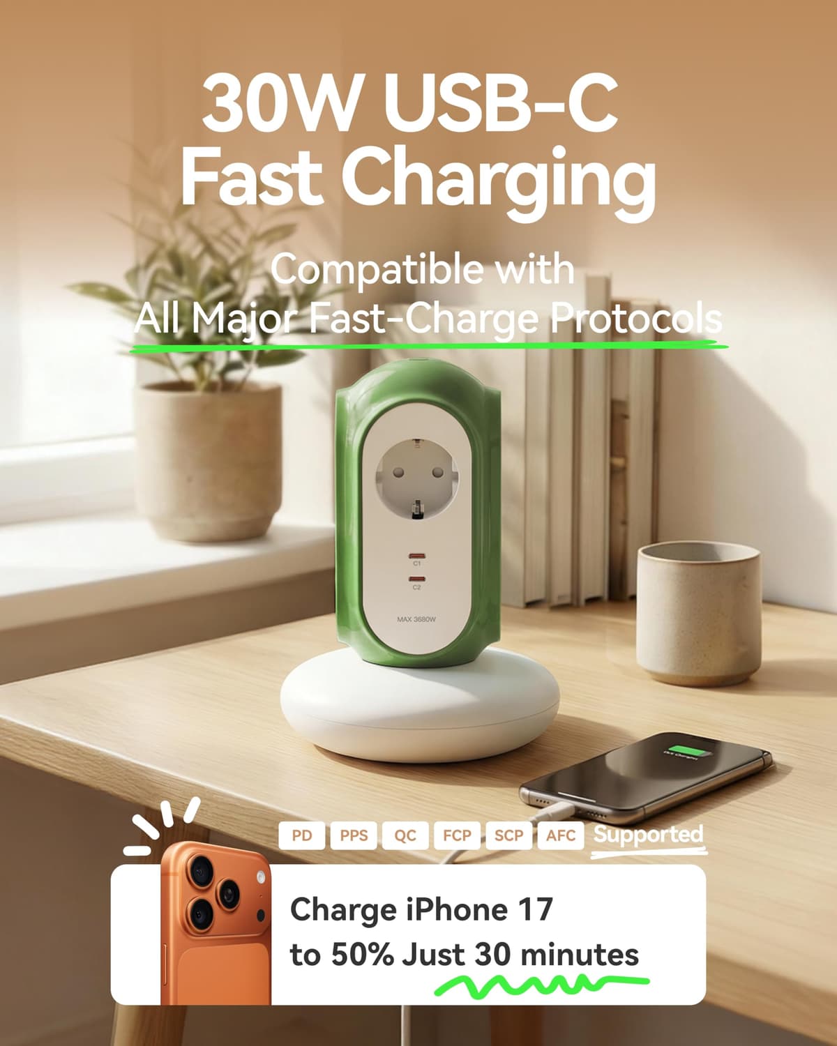 MiaoLab Regleta Eléctrica en Torre con 3 Tomas AC y 2 USB-C (Carga Rápida 30W), 3680W/16A, Protección contra Sobretensiones 1420J, Cable de Extensión 2 m, Protección contra Sobreca (Verde Normandia) — view 2