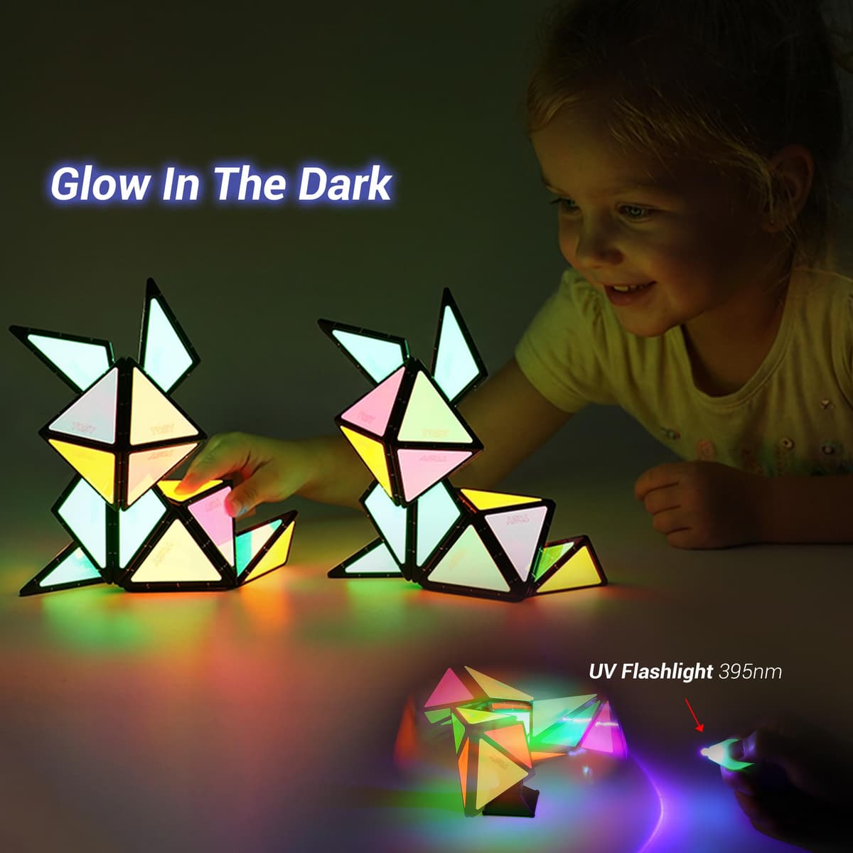 TOSY Magnet Pyramid Glow - 1 Cube Transforms into 1 Billion Shapes (Bunny, Egg Basket, Flowers, Heart), Easter Birthday Gift, 12 pcs, 243 Magnets, Glowing, Holographic Design, Puzzle/STEM Toy — view 7
