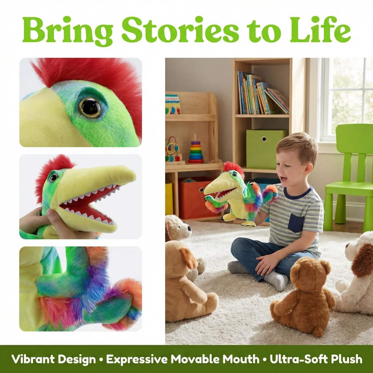 Marionetas de Mano de Dinosaurios para niños,Incluye Triceratops y Tyrannosaurus Rex con Bocas Abiertas móviles, Contar Historias,Regalos de cumpleaños — view 4