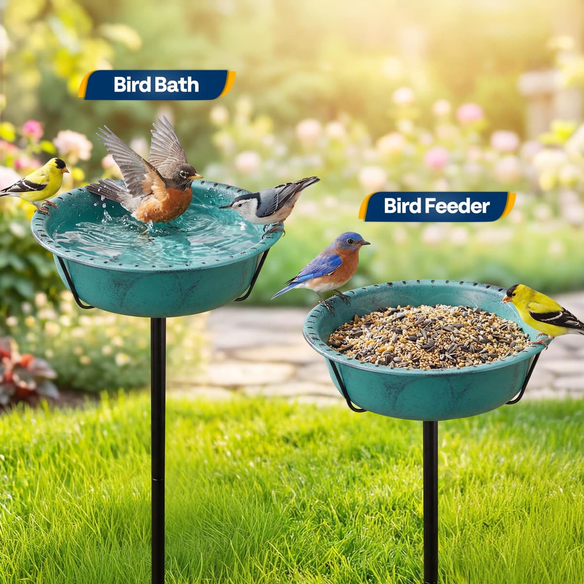 VIVOHOME Bird Bath for Garden, Metal Vintage Freestanding Birdbaths, Upgraded 4-Pronged Base, Bird Baths Feeder Bowl for Outdoor Garden Patio Yard Lawn Decor Green — view 5