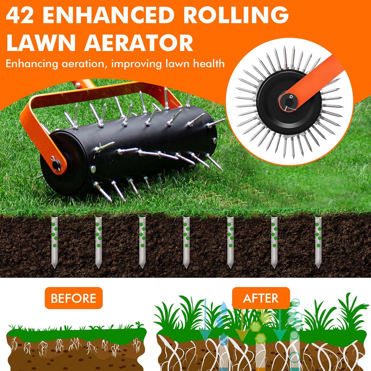 Lawn Aerator Roller, Manual Aerator, Manual Winder with 42 x 2" Nails and Splash Protection, Lawn Aerator, Scarifier Roller for Garden, Patio, Deck — view 2