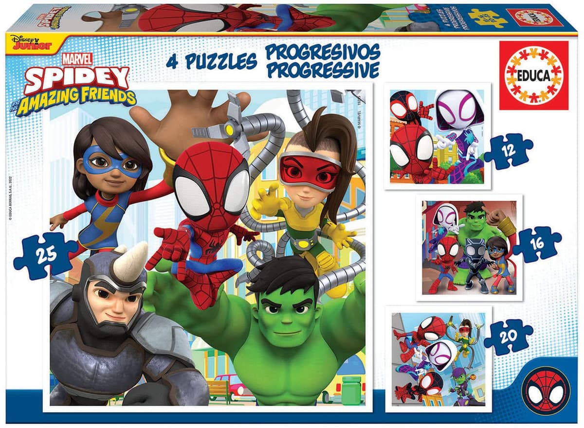 Educa - Progresivos Spidey and His Amazing Friends 12-16-20-25 4 Puzzles progresivos de cartón con 12-16-20-25 Piezas Medida aproximada de Cada Puzzle 16 x 16 cm A Partir de 3 años (19295)
