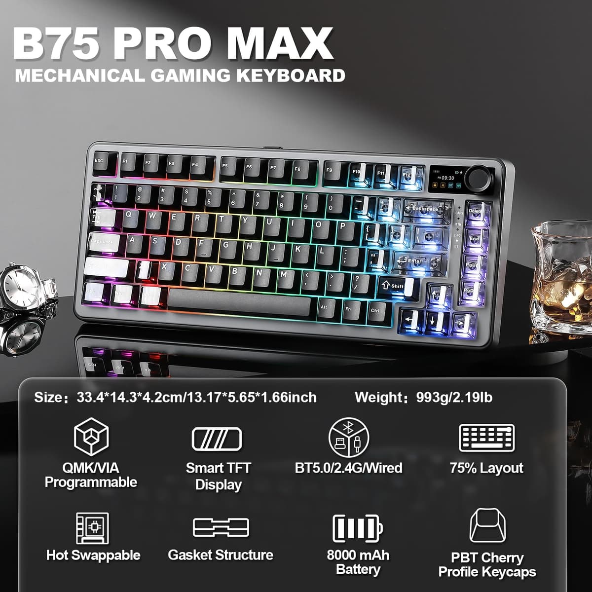 YUNZII B75 Pro MAX Teclado Mecánico Inalámbrico, Diseño 75% con Pantalla TFT y Control Giratorio, Hot Swap, QMK/Via, RGB, BT/USB-C/2,4G para Win/Mac (Negro, Milk V2 Switch) — view 2