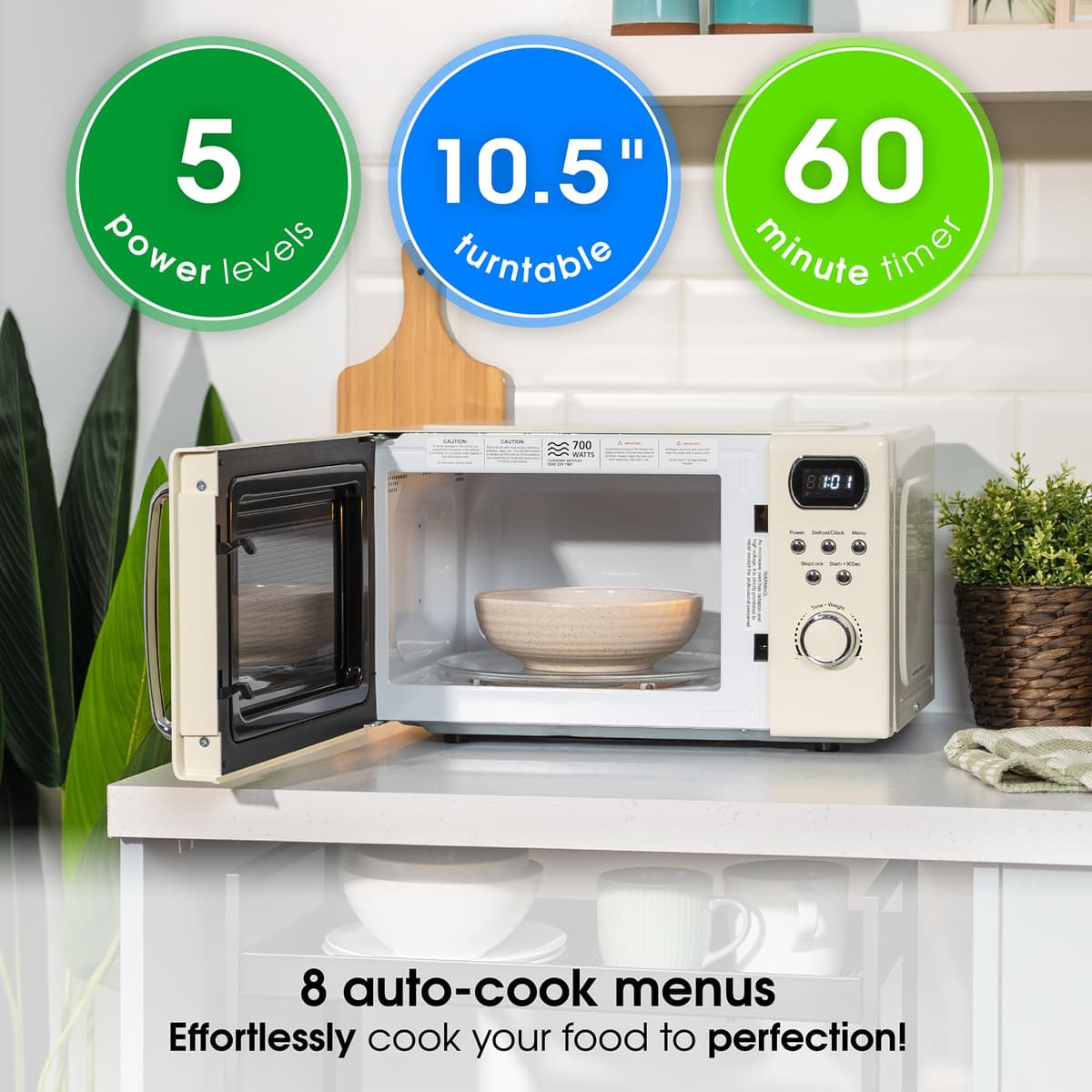 Abode Retro Microwave 20 Litre Cream Digital 800W, Mirror Finish, 8 Auto Cook Settings & Defrost, 5 Power Levels AMD2004C (Cream) — view 4
