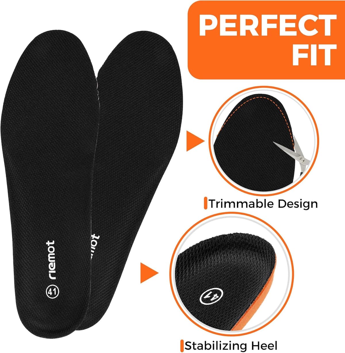 riemot Sport Insoles for Men & Women – Shock-Absorbing Sports Insole for Running, Walking, Cushioned Breathable Shoe Inserts for Hiking, Active Lifestyles Soft Inner Soles 1 Pair 3 Black — view 3
