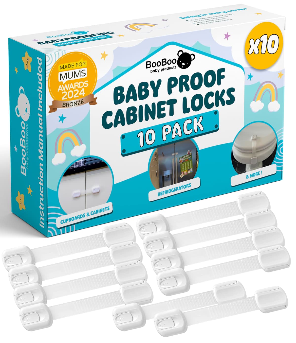 BooBoo Baby (10 PACK) Premium Child Locks For Kitchen Cupboards, Child Proof Cabinet Locks, Drawer Locks Baby Proofing Cabinets with No Drilling, Extra strong Adhesive + 4 Extra Stickers