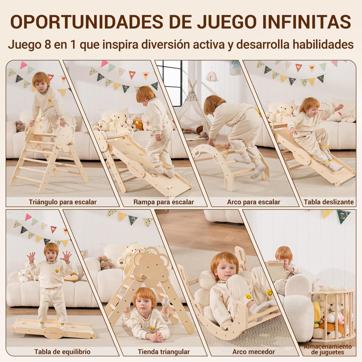 COSYLAND 8 en 1 Triángulo de Escalada Montessori con Arco y Rampa, Set Plegable Infantil, Juguete de Madera Resistente para Interior, Niños 18 Meses-6 años, Natural/Madera Clara, Grande — view 3