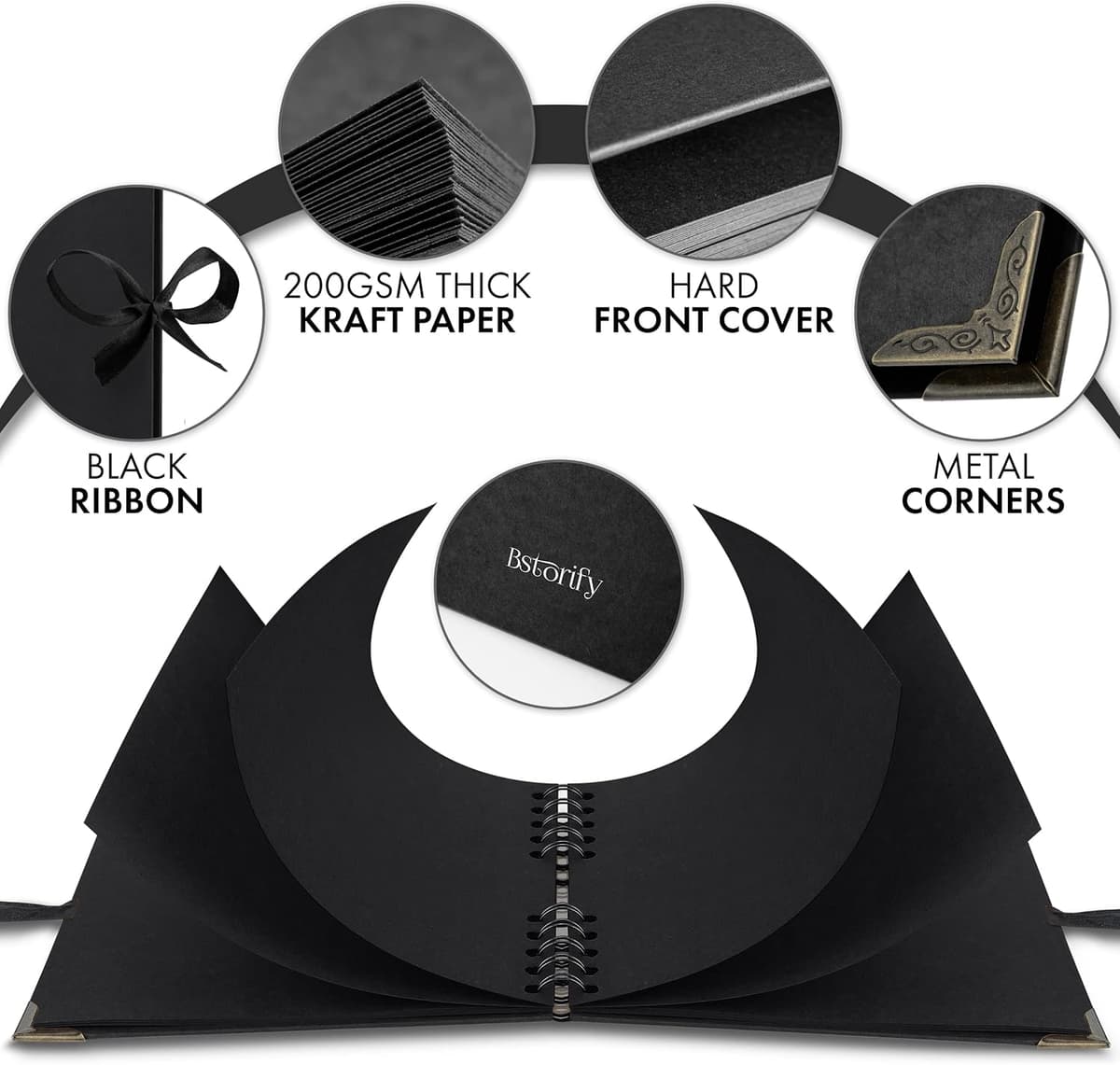 Bstorify Square Scrapbook Photo Albums 36 Pages (18 x 18 cm) Black Thick 250gsm Kraft Paper Scrap Book, Ribbon Closure - Idea — view 2