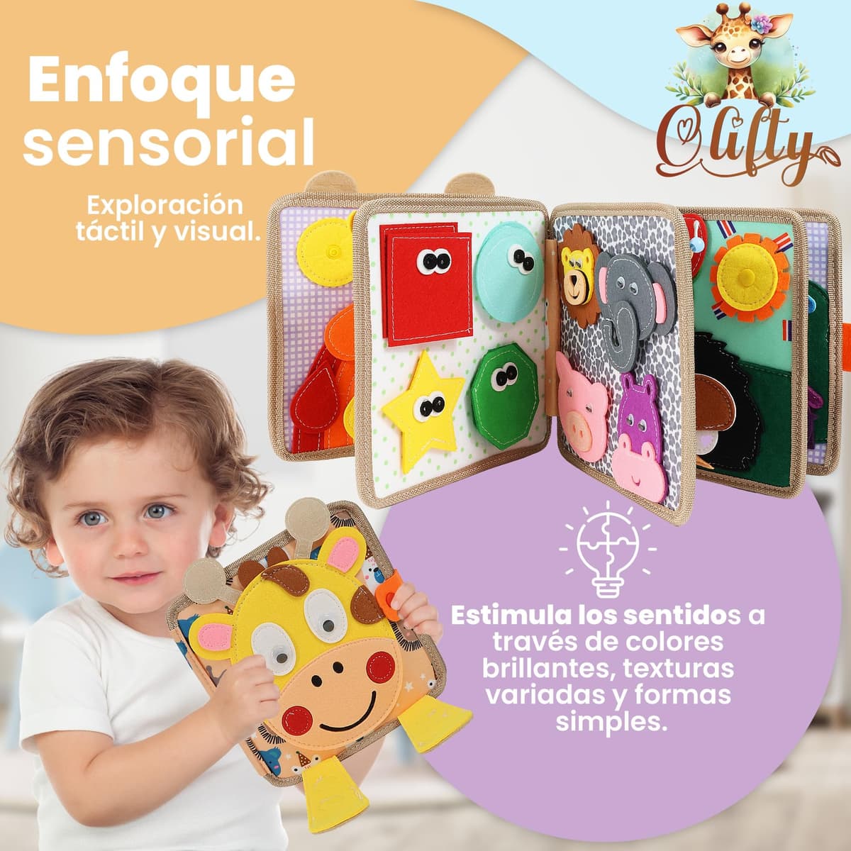 Libro Montessori 1 Año - Busy Board Montessori - Libro Bebé 1 Año - Busy Book - Libro Sensorial Bebé de Fieltro - Tablero Montessori 2 Años (Jirafa) — view 2