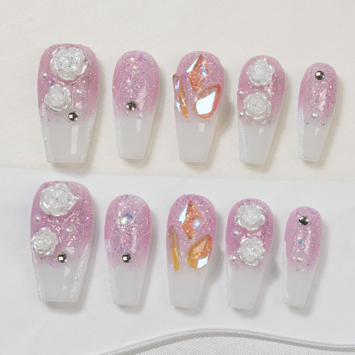 Sun&Beam Nails Handmade Press On Nail Long Coffin Ballerina Pink Flower Acrylic Fake Tip 3D Design Art Charms Cute with Storage Box 10 Pcs (S) — view 309