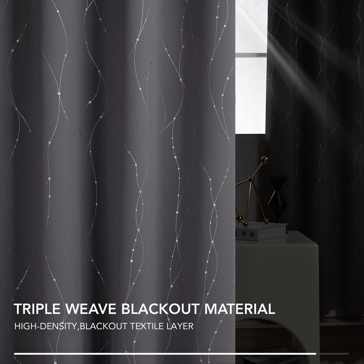 Deconovo Dot Line Decorative Super Soft Thermal Insulated Energy Saving Blackout Curtains for Living Room Dark Grey 66 x 90 Inch 2 Panels — view 5