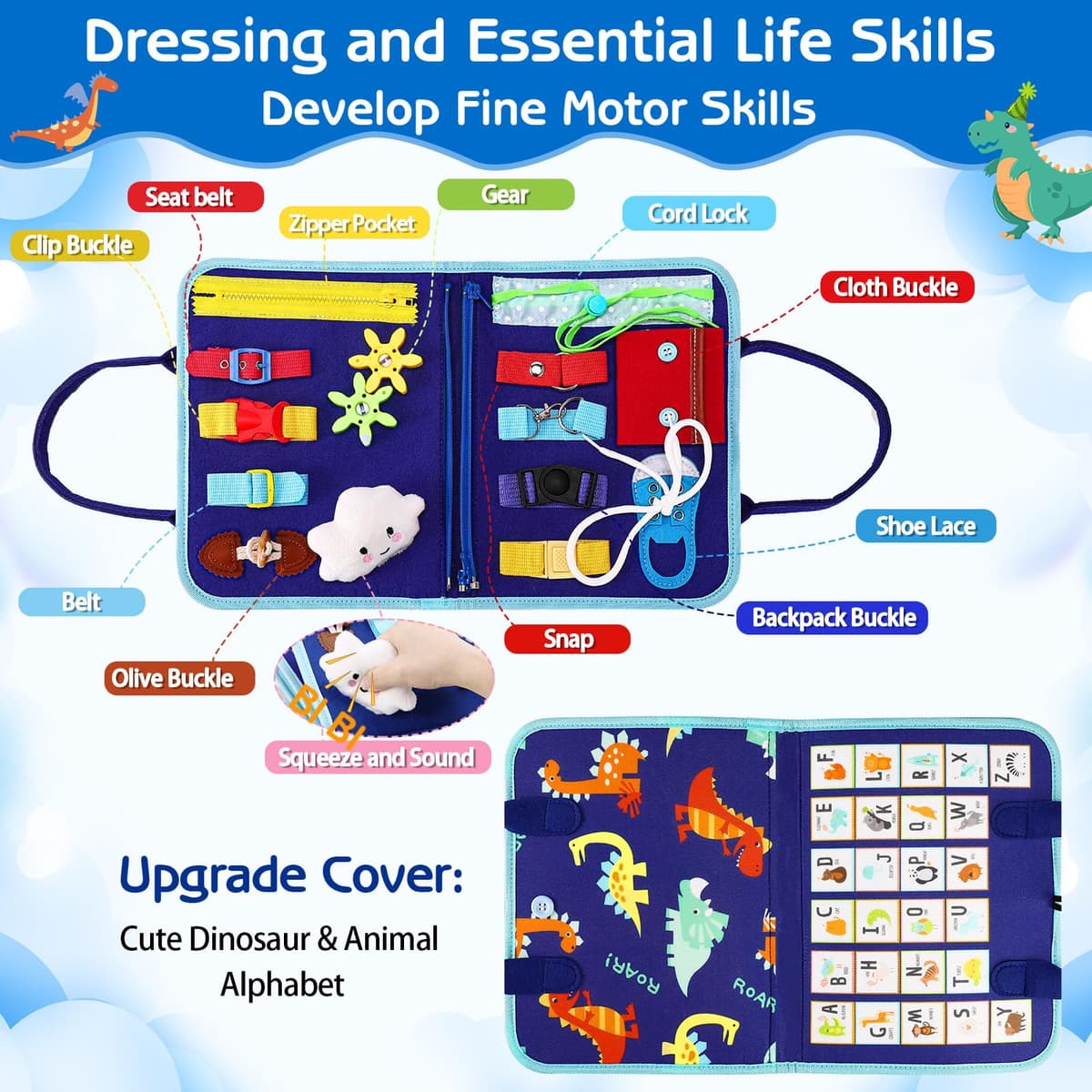 Esjay Toddler Busy Board Montessori Toys for Boys, Sensory Book Educational Activities for Learning Fine Motor Skills, Birthday Gifts for Boys Toddlers, Travel Toys for Airplane Car, Blue Dinosaur — view 2