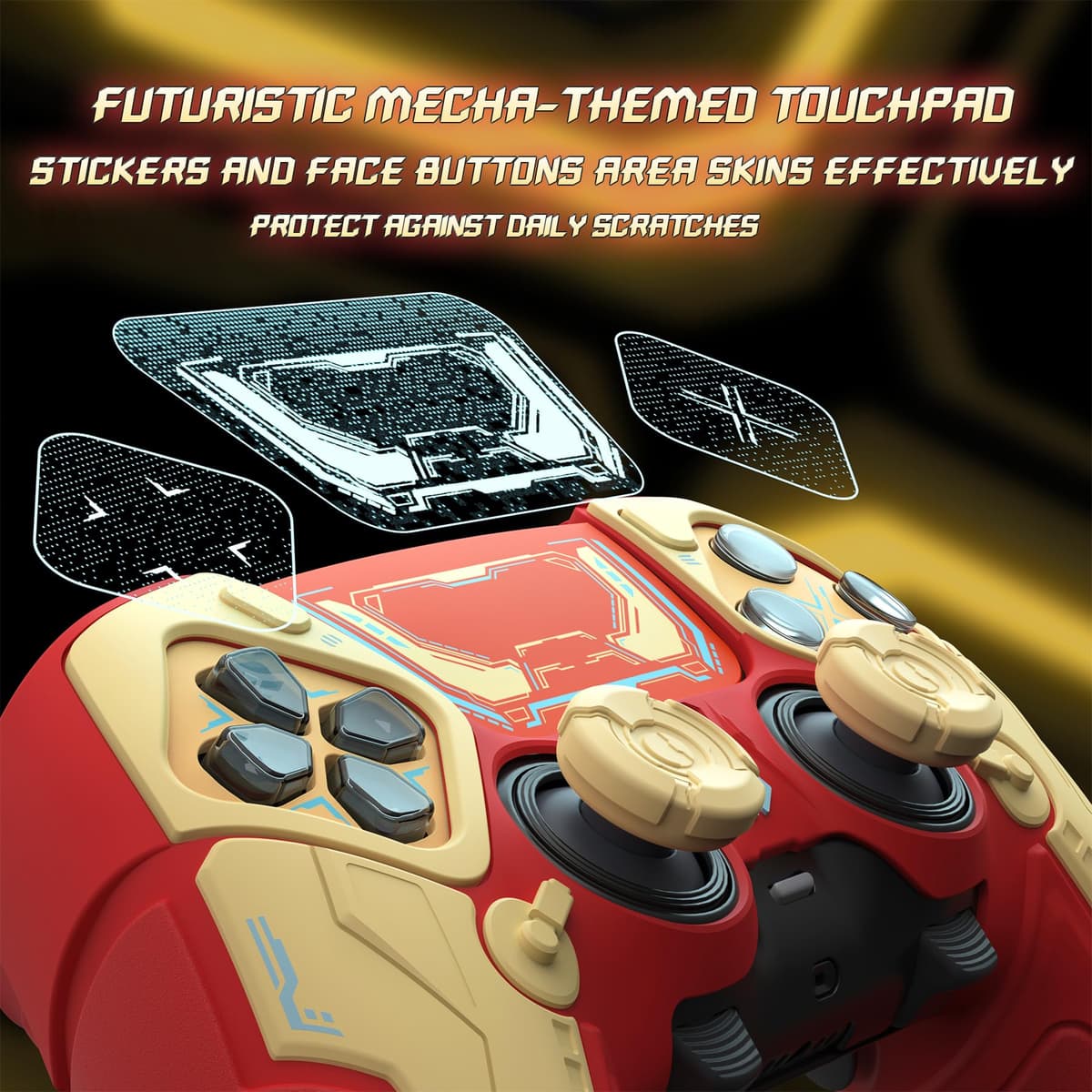 PlayVital Funda de Silicona para ps5 Edge Mando - Carcasa Protectora Antideslizante con Tapas para Joystick y Pegatinas Decorativas - Stellar Mecha (Rojo Carmesí & Amarillo Hierro) — view 4