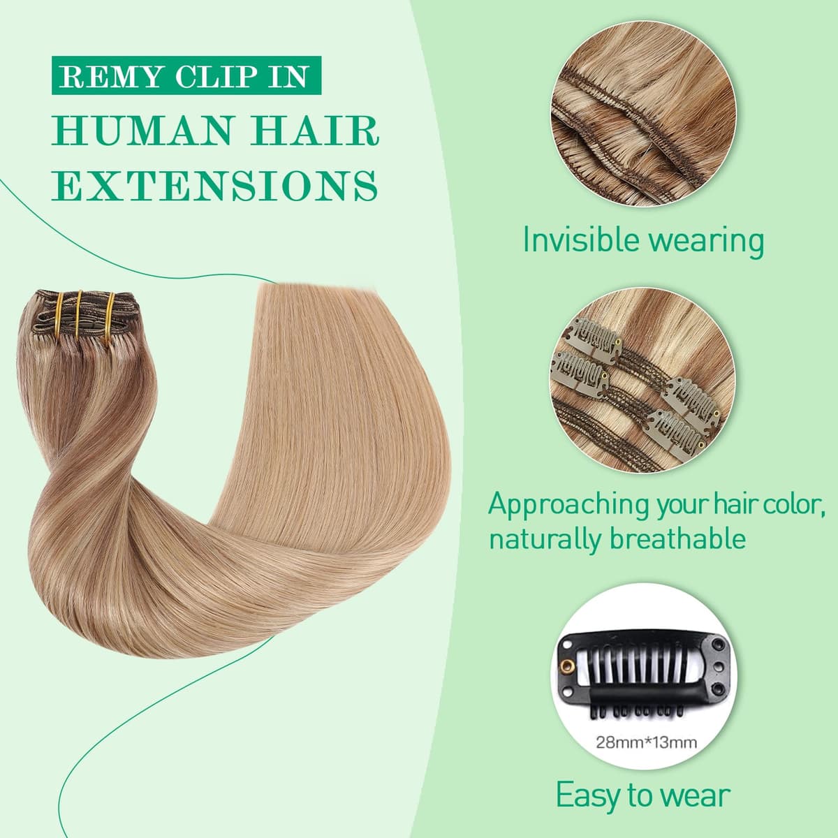 SURNEL Extensiones Clip Pelo Natural 160g 50cm 7 Piezas Balayage Marrón Claro a Rubio Caramelo Extensiones De Clip De Humano Real Extensiones Pelo Remy Natural(7C#10/27/27-50cm) — view 3