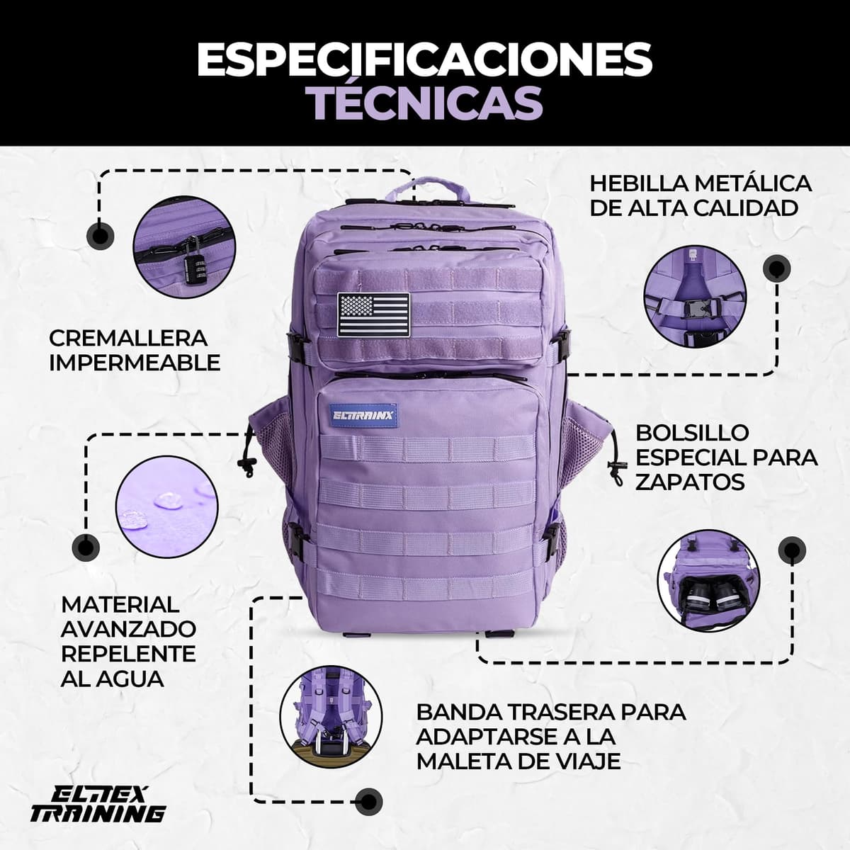 ELITRAINX Mochila Táctica 45L – Mochila Cabina Avión 40x20x25, Crossfit, Oxford 1000D Impermeable, Compartimento Zapatillas, Gimnasio, Hombre y Mujer (Lavanda) — view 2