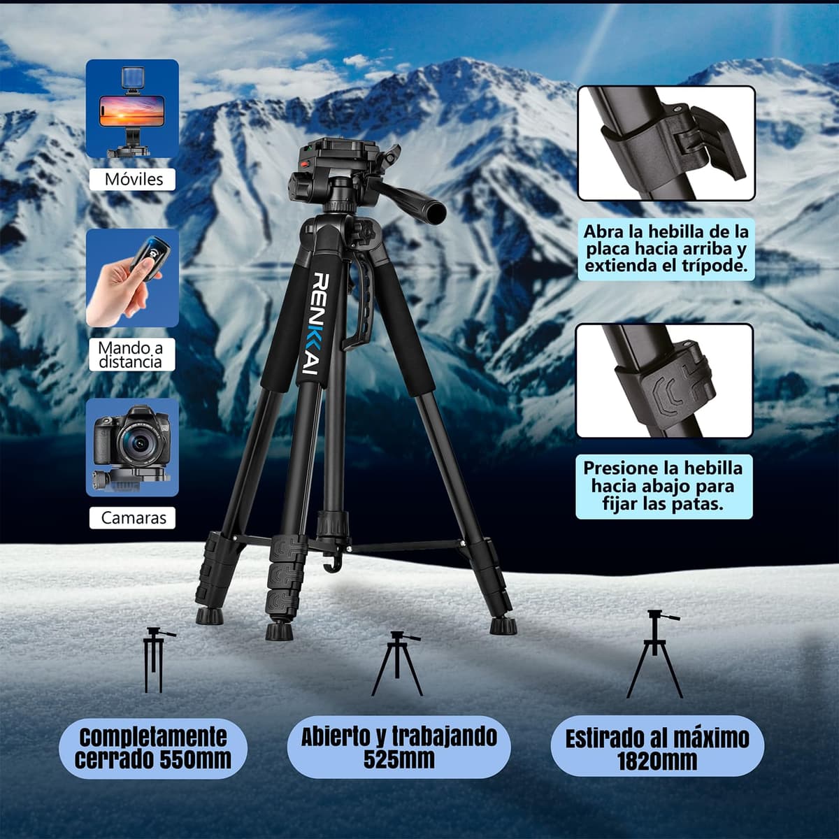 182CM | Tripode Camara | Super Estable | tripode para movil | Tripode con Columna Transversal | Tripod | Soporte para telefono + Mando para Fotos + Bolsa de Transporte INCLUIDOS |hasta 3kg — view 3