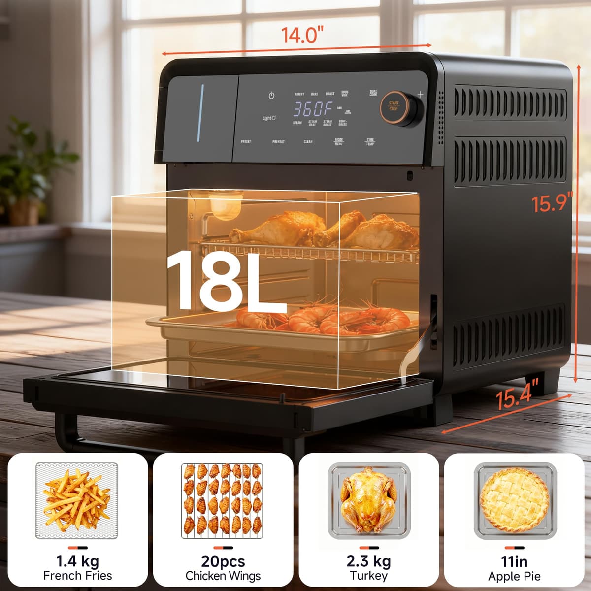 OUNIN Steam Oven 18L, 11-in-1 Air Fryer Oven with Steam Infusion, Dual Cook, Bake, Roast, Dehydrate & Self-Cleaning, 360° Even Heating, Easy to Use, Stainless Steel Inner, Space-saving Design — view 2