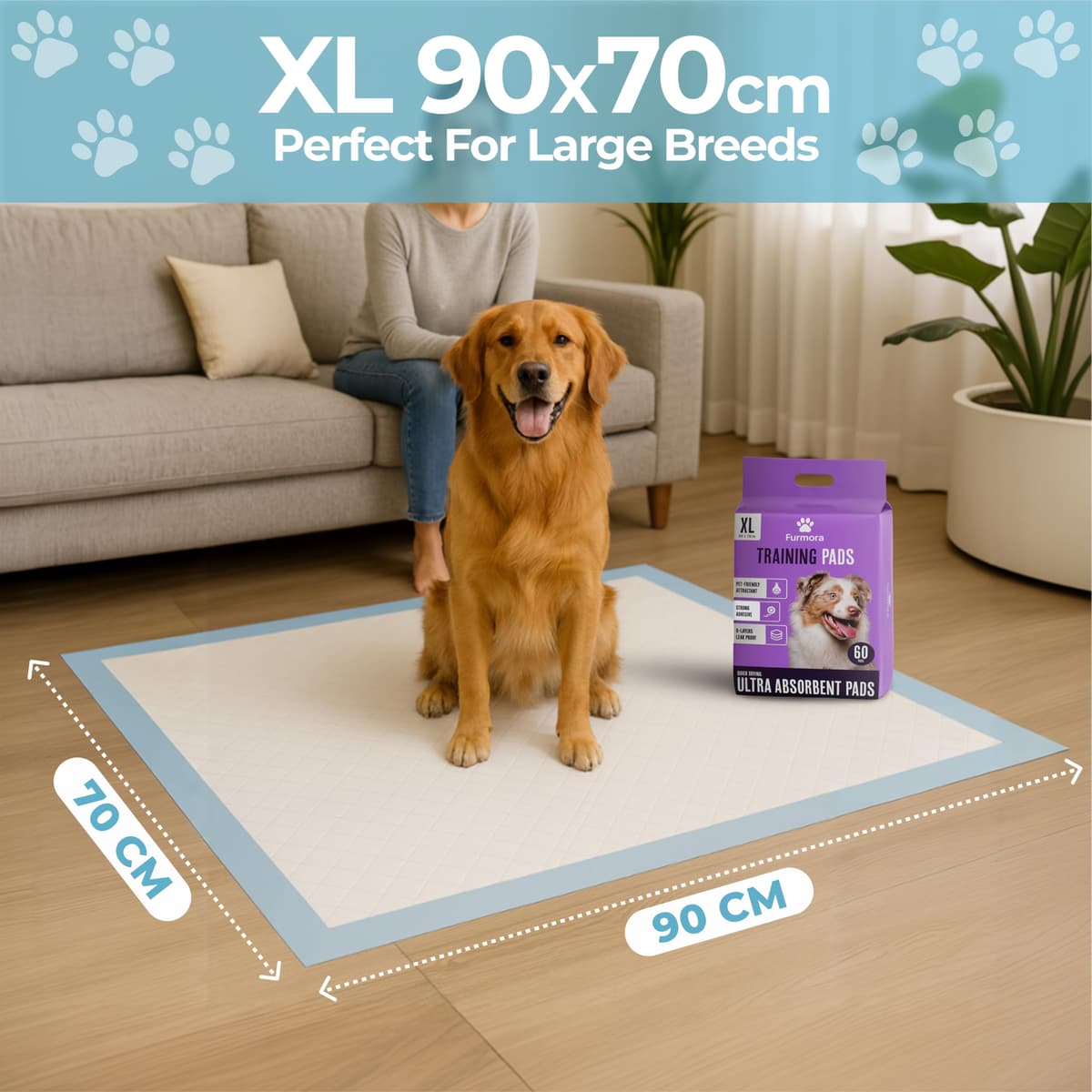 Extra Large Puppy Pads 90 x 70 cm, Pack of 60, Pee Pads for Dogs Potty Training with Leak-Proof Quick-Dry Design, 6-Layer Puppy Training Pads — view 3