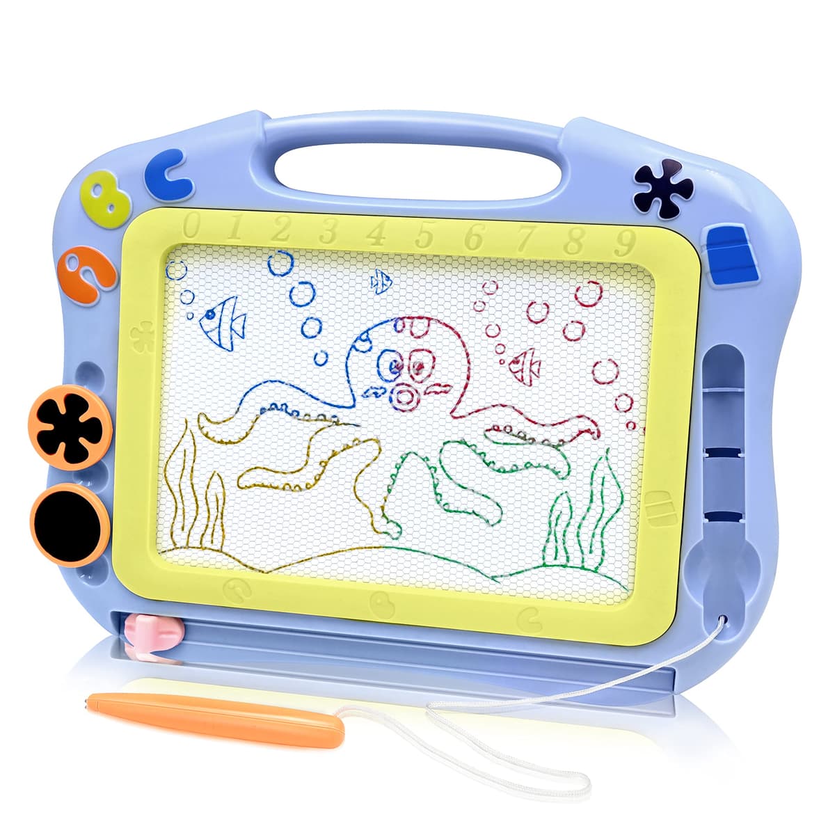 Dinosaurio Pizarra Magnética Infantil Juguetes 3 4 5 Años, Pizarra Magica Colorido Juegos Educativos Regalos para Niñas y Niños 3-5 Años, Viaje Juguetes con 4 áreas Color 3 Sellos 1 Bolígrafo, Azul — view 14