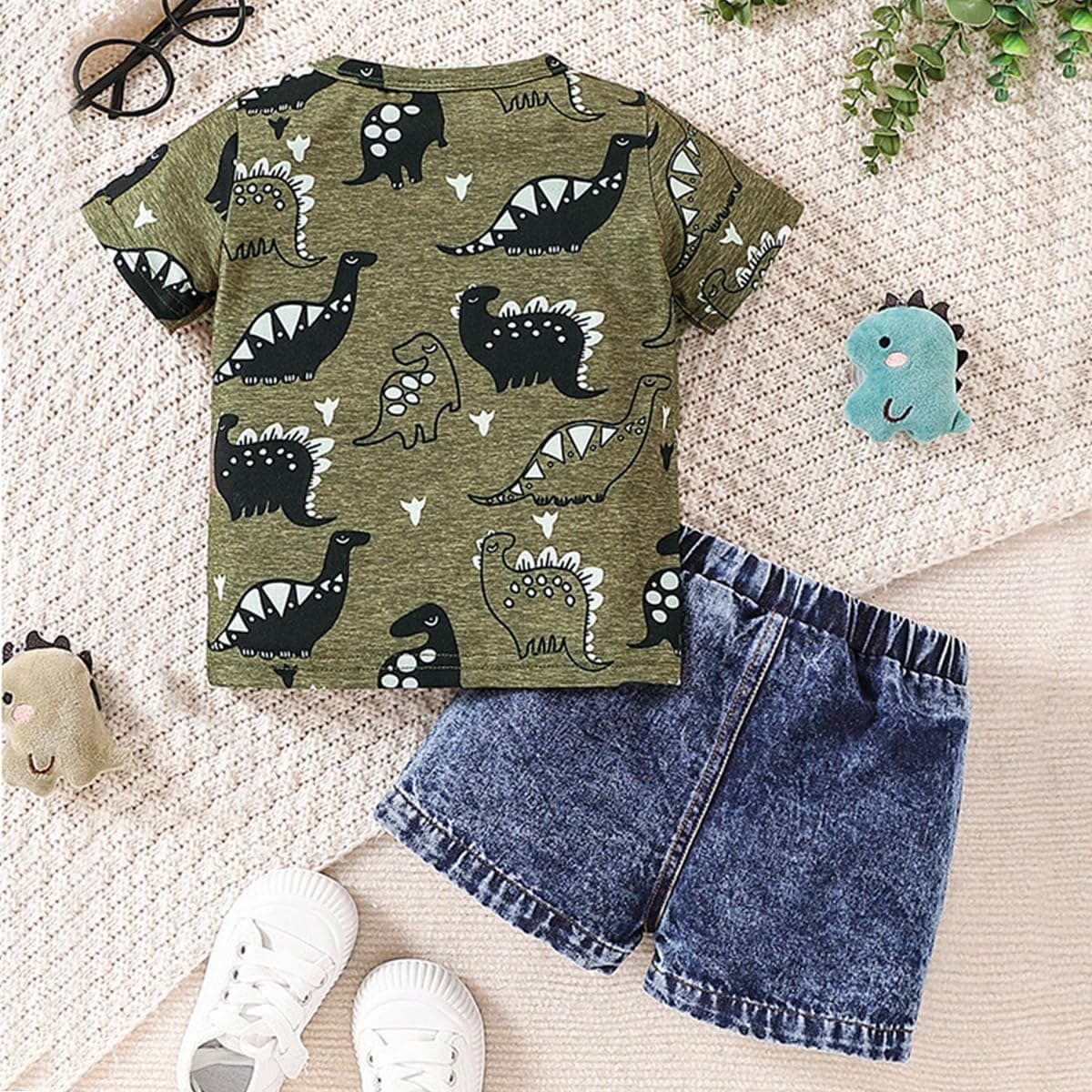 Ropa de Pequeños Bebé Niño Manga Corta Estampado Bonito Top+ Pantalones Cortos Vaqueros Rotos 2Pcs Conjunto Informal de Primavera y Verano — view 3