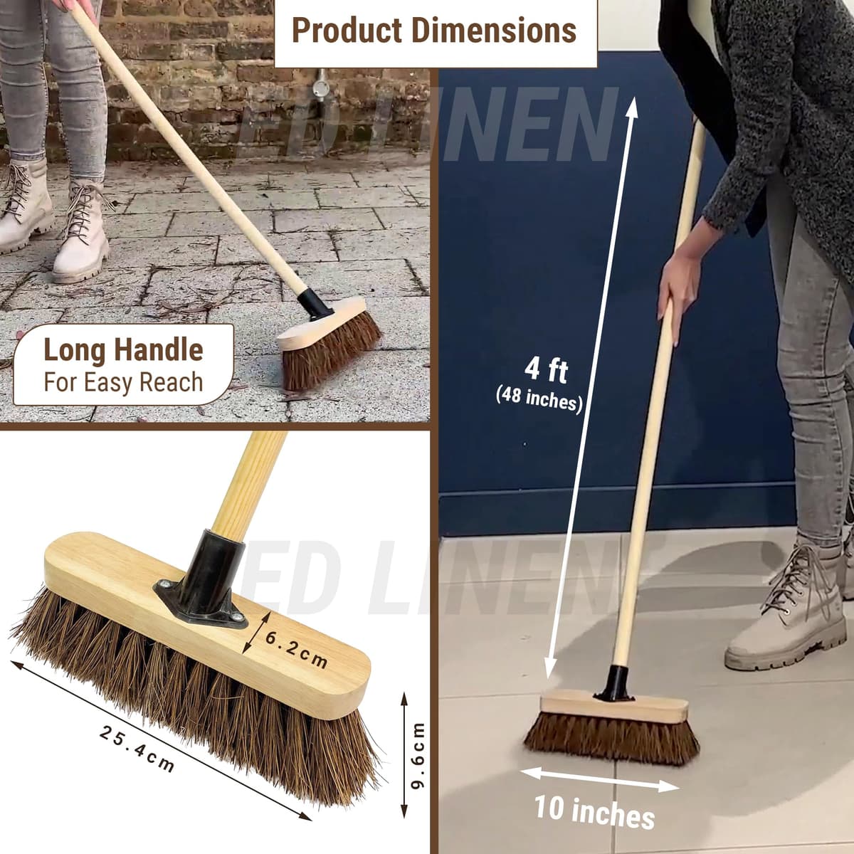 10” Outdoor Garden Broom with Wooden Handle Natural Stiff Bassine Hard Bristle with Durable Support Bracket Yard Brush Heavy Duty Broom Outdoor Cleaning Sweeping (PACK OF 1) — view 3