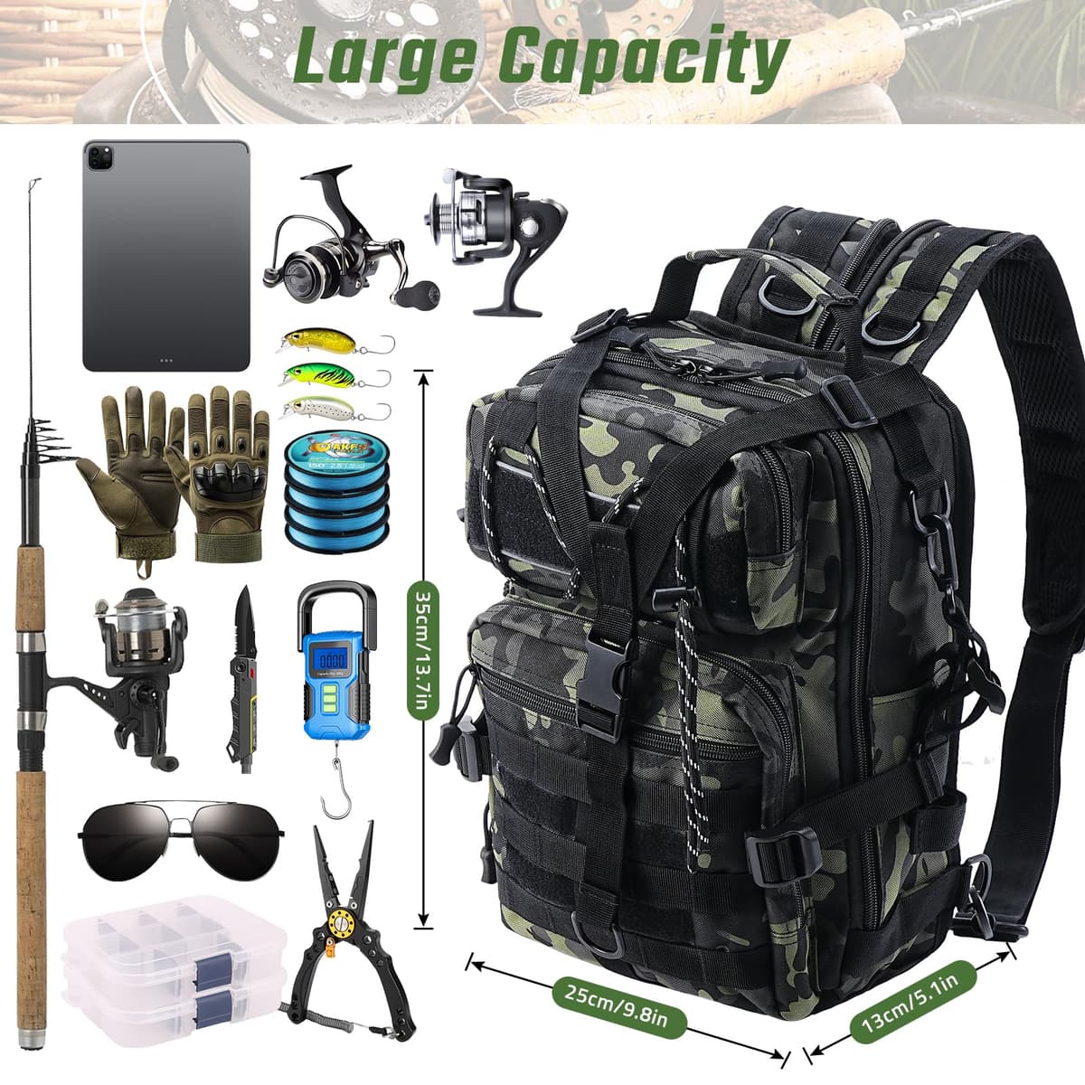Mochila de Pesca, Mochila de Almacenamiento para Pesca Bolsa de Aparejos de Pesca Impermeable Bolsa de Pesca Mochila de Pesca Táctical Mochila Táctica Molle para Pesca Senderismo Caza — view 2