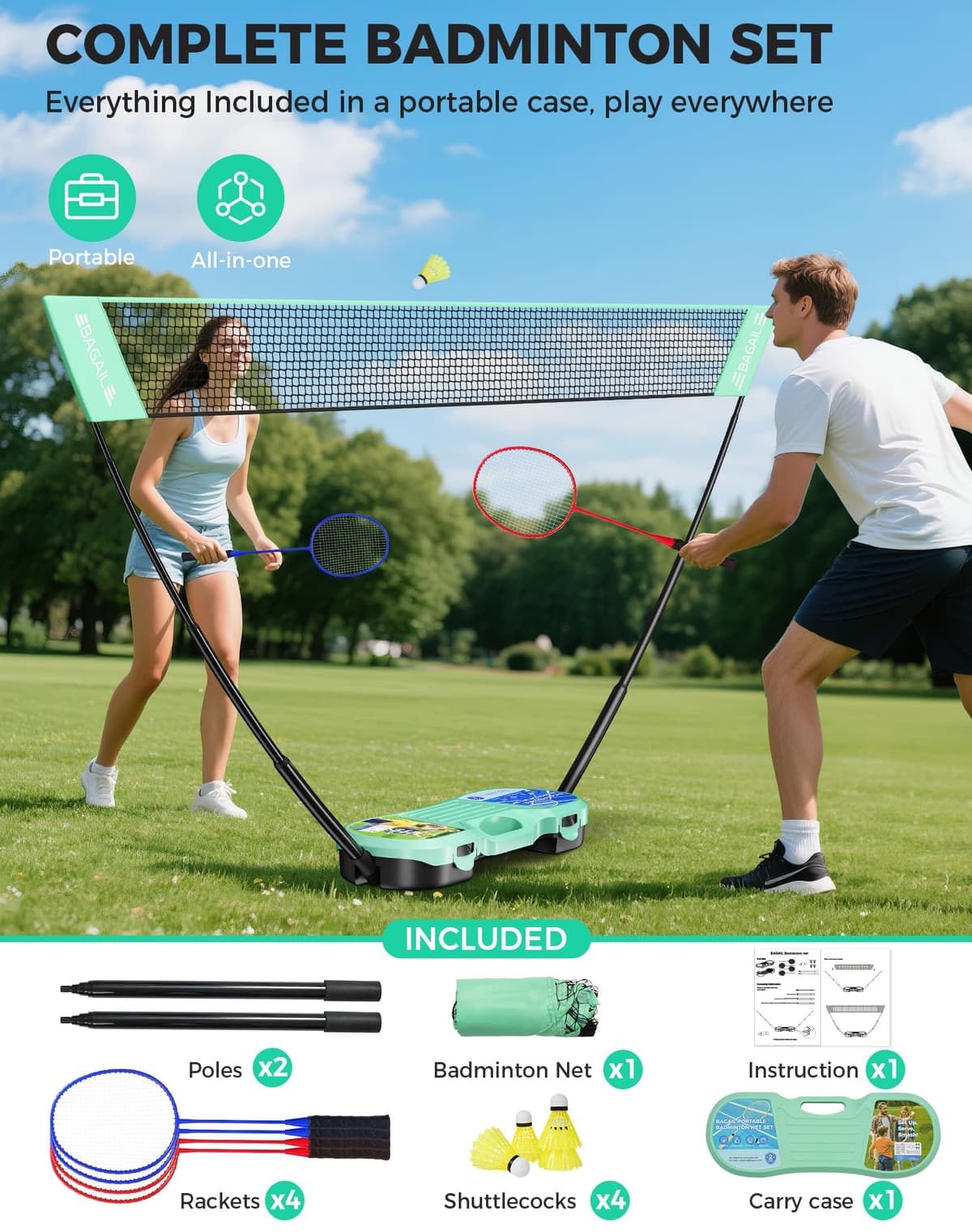 BAGAIL Conjunto de Red de bádminton portátil - Bolsa de Almacenamiento - Base autónoma - Instalación rápida - Red de bádminton con 4 Raquetas y 4 Volantes para Jugar en Interiores y Exteriores — view 2