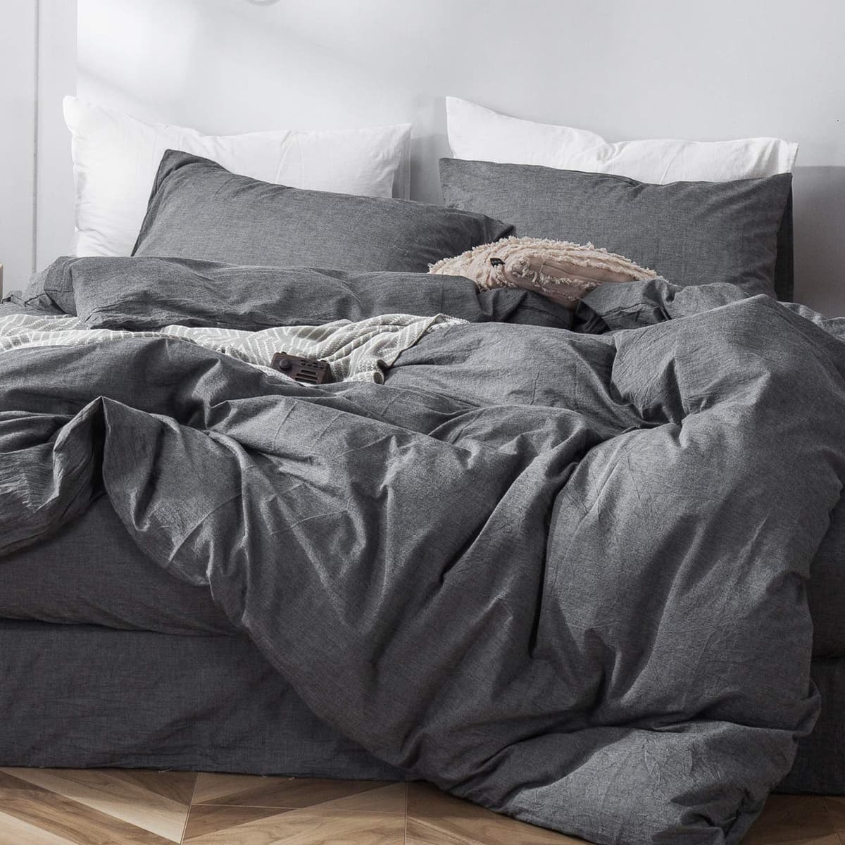 MooMee Bedding Duvet Cover Set 100% Washed Cotton Linen Like Textured Breathable Durable Soft Comfy (Tannish Linen Grey, King) — view 262