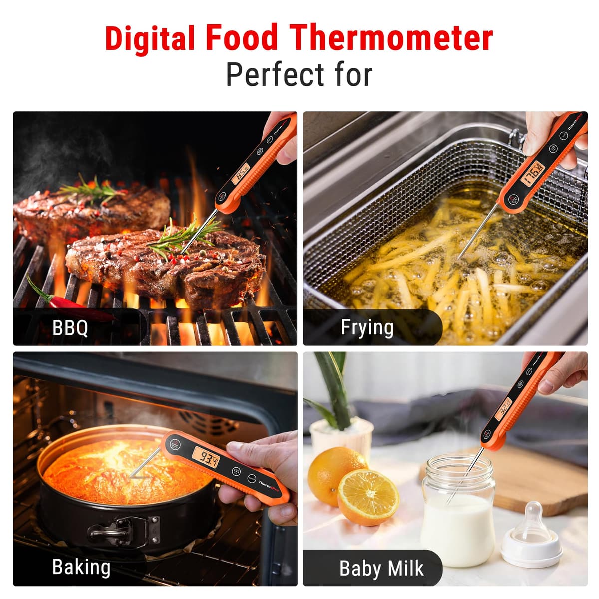ThermoPro TP03H Meat Thermometer with IPX6 Waterproof, Food Thermometer Foldable Food Temperature Probe with LCD Backlight Calibration Lock Fuction, Kitchen Digital Instant Read Probe for Oil Jam Milk — view 6