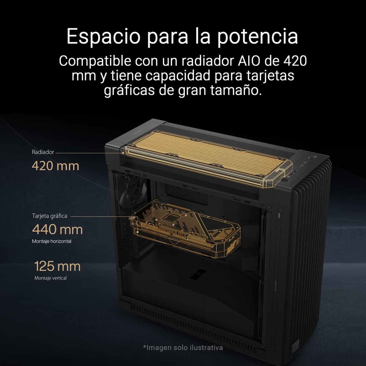 ASUS ProArt PA602 Wood Edition Modern Black - Chasis E-ATX con Panel de Cristal Templado, Compatible con GPU de hasta 440 mm y radiadores de 420 mm, Ventiladores de 140 mm y de 200 mm preinstalados — view 4