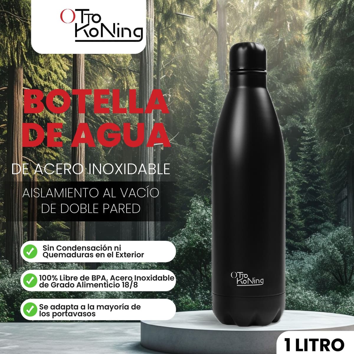 Botella Agua Acero Inoxidable 1 Litro-Otto Koning- Botella Térmica con Doble Aislamiento al vacío para 12 Horas de Bebida Caliente y 24 Horas de Bebida Fría. Termo a Prueba de Fugas sin BPA — view 2