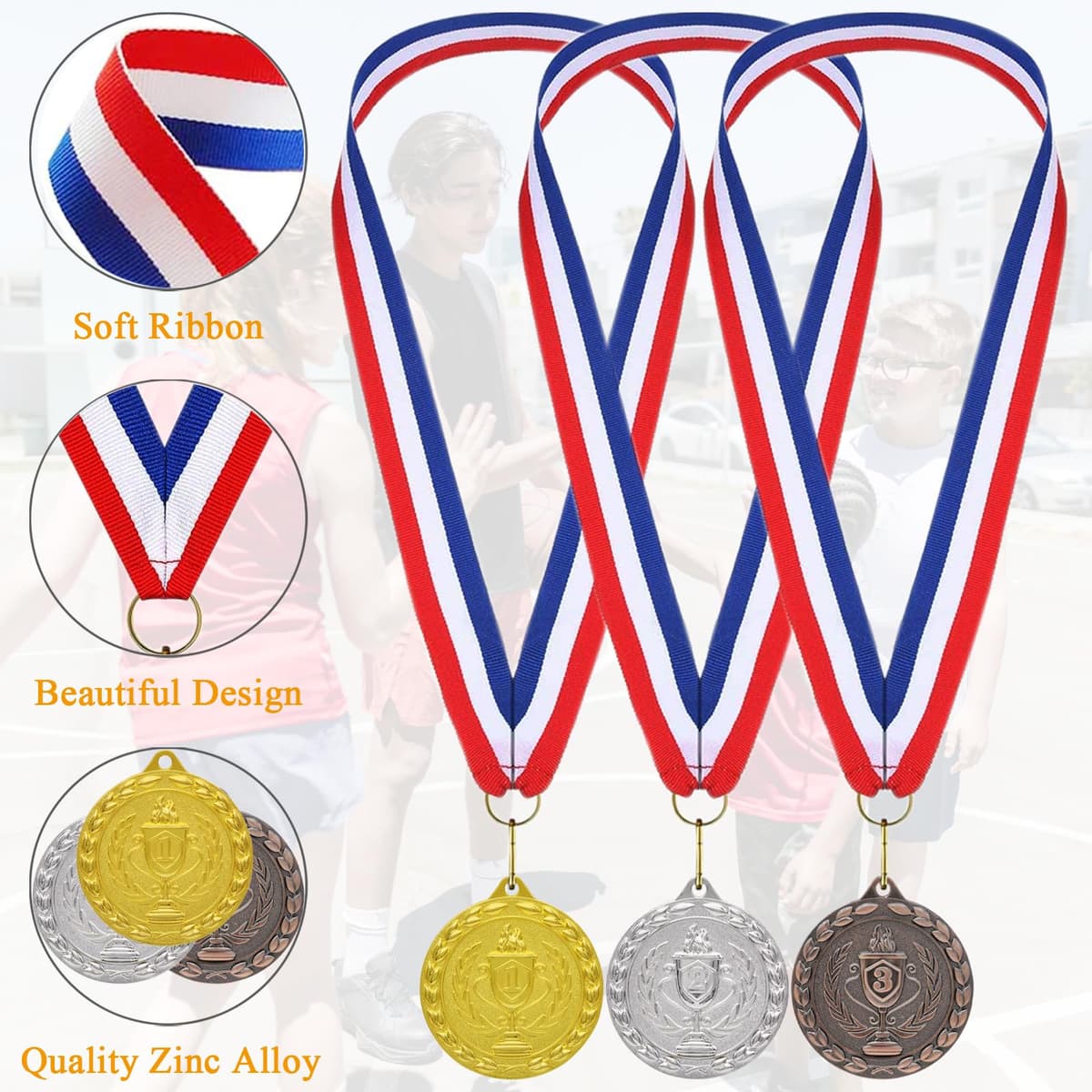 Medallas para niños, juego de 12 medallas del día deportivo de metal bronce plateado dorado con collar de cinta para los premios del día deportivo regalos de fiesta, niños adultos — view 4