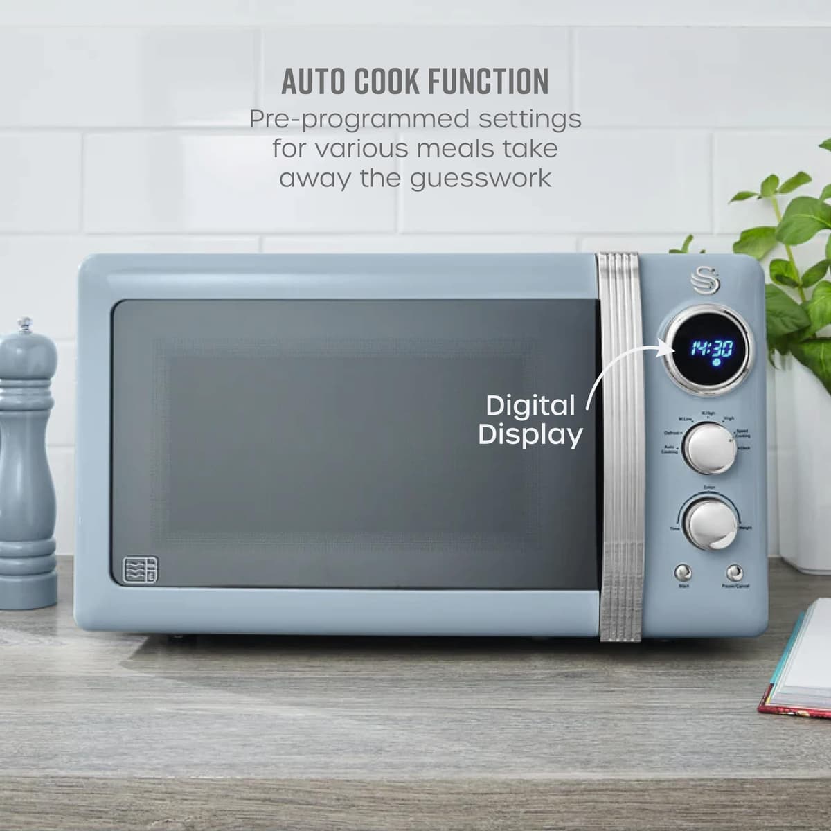 Swan Retro LED Digital Microwave Blue, 20L, 800W, 6 Power Levels Including Defrost Setting, SM22030LBLN — view 4