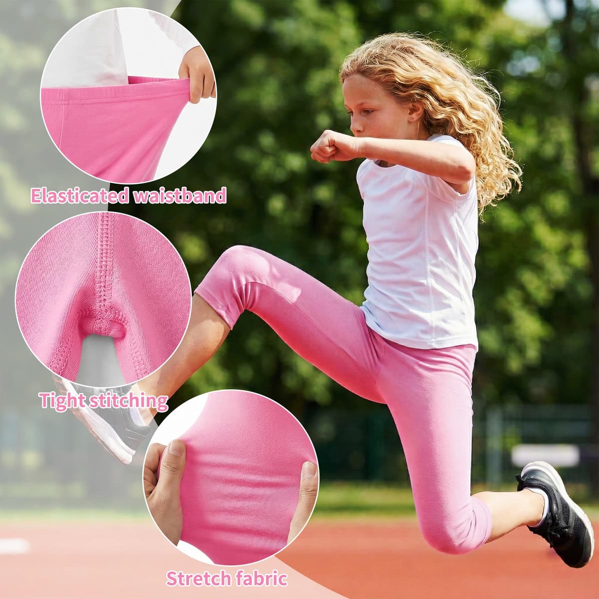 Domueay Niñas Leggings 3/4 Algodón Transpirable Elástica Deportivas Pantalones Cortos Cómodos Leggins, Pack de 3, Color Sólidos Niña Baile Escolar Mallas Infantiles Verano Ropa 6-13 Años — view 3