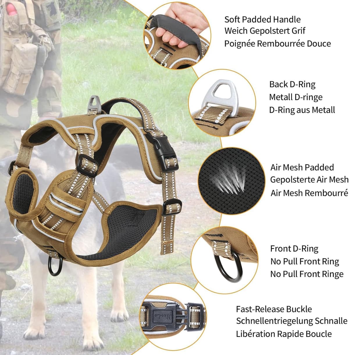 HEELE Arnes para Perro Arnés de Pecho Perro Antitirones con Asa Acolchado Transpirable Ajustable Reflectante Arnés para Perros Camuflaje para Perro Mediano Grande, Caqui, L — view 2