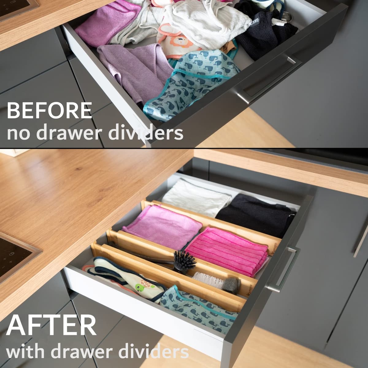 Kamoro HOME & KITCHEN Natural Bamboo Drawer Dividers - Spring Loaded for Firm Hold - Furniture Protection Ends [Set of 4] - Adjustable from 45 to 57 cm - White — view 3