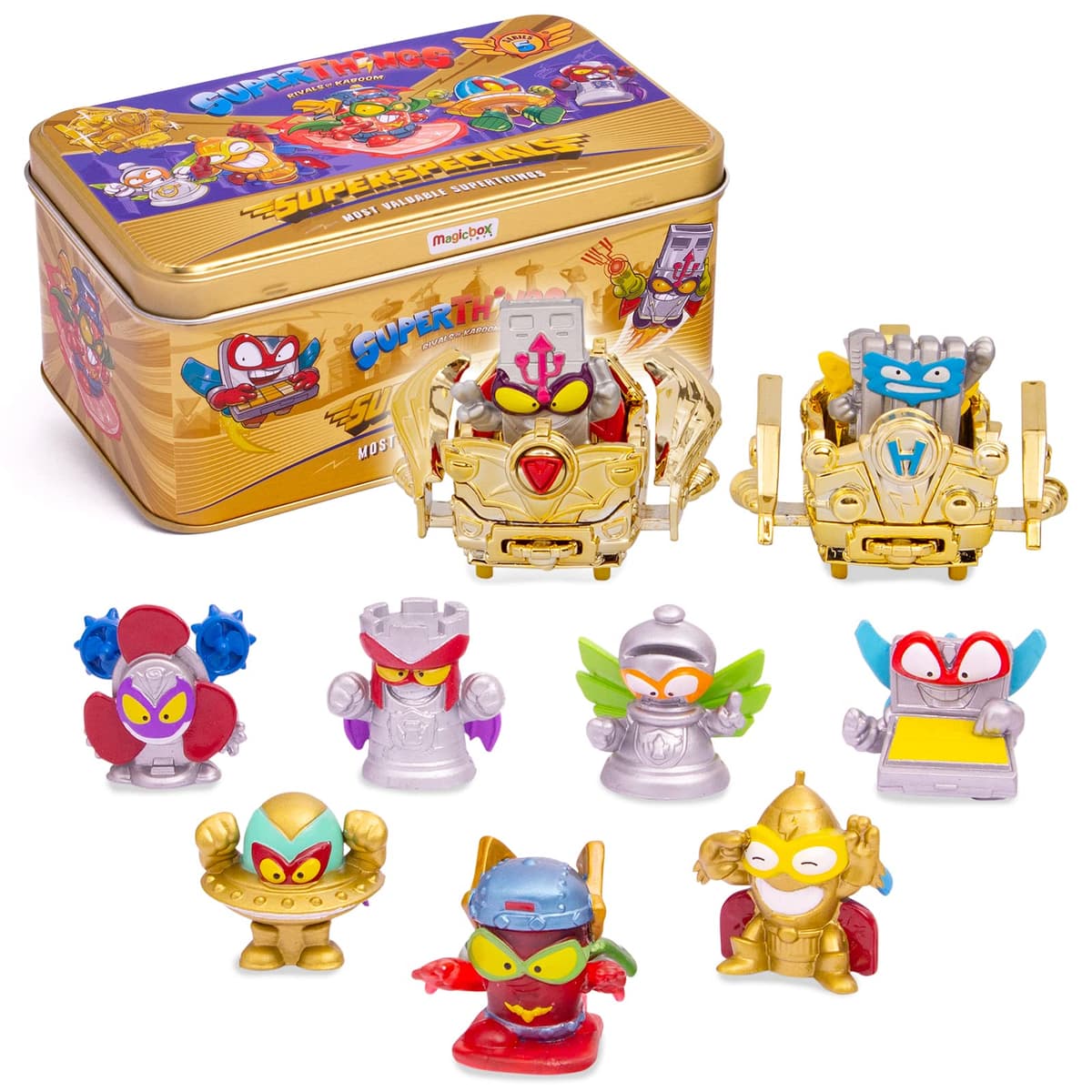 SUPERTHINGS Lata Gold Serie 5, Incluye el ultrararo (Kid Fury), los 2 líderes Dorados, los 6 capitanes Plateados y los 2 Aerowagons Dorados — view 2