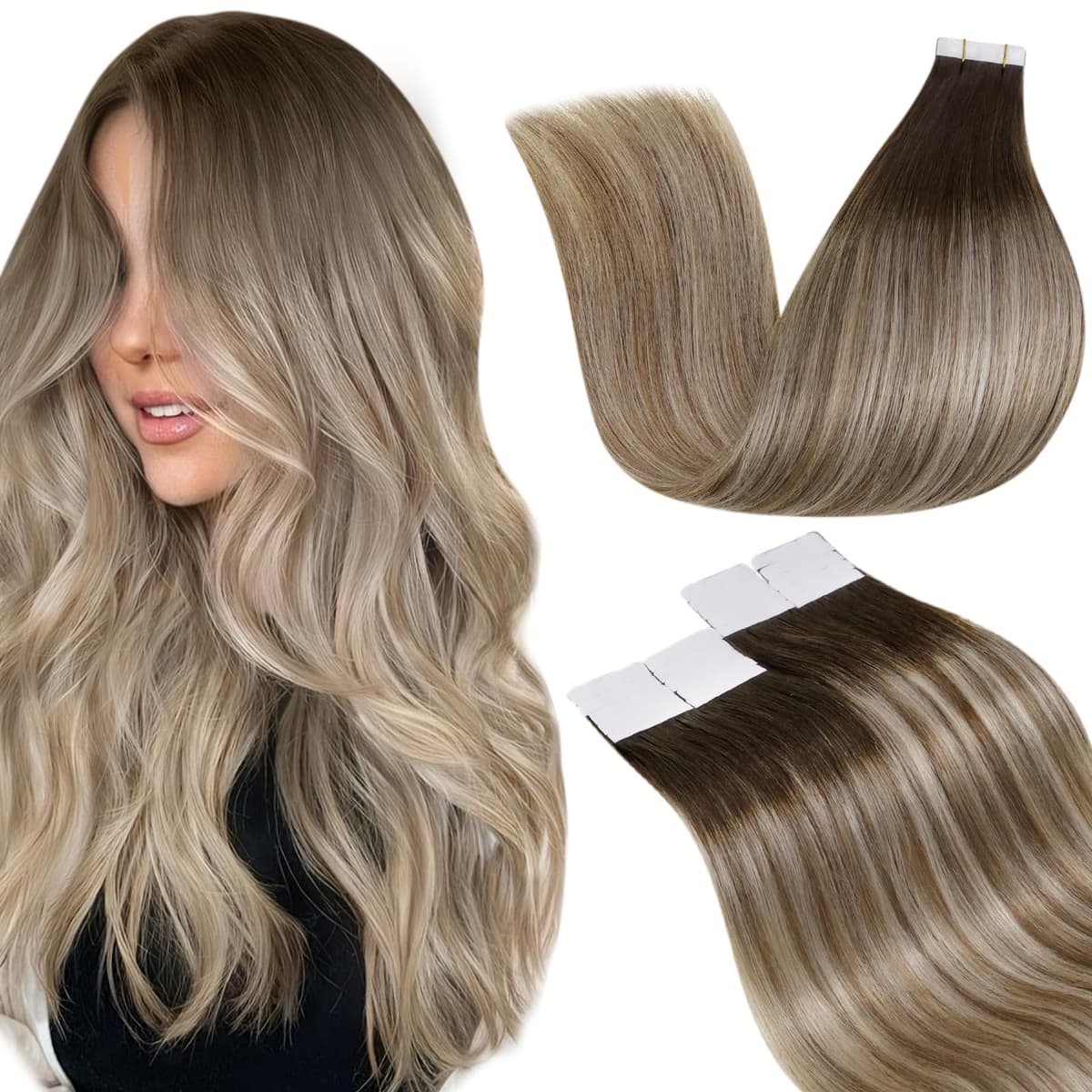 LaaVoo Tape in Hair Extensions Human Hair Blonde Tape Hair Extensions Real Human Hair Invisible Tapes Remy Straight Balayage Brown to Blonde Hair Double Sided Tabs 20pcs 50g 16 Inch #8/18/60 — view 116