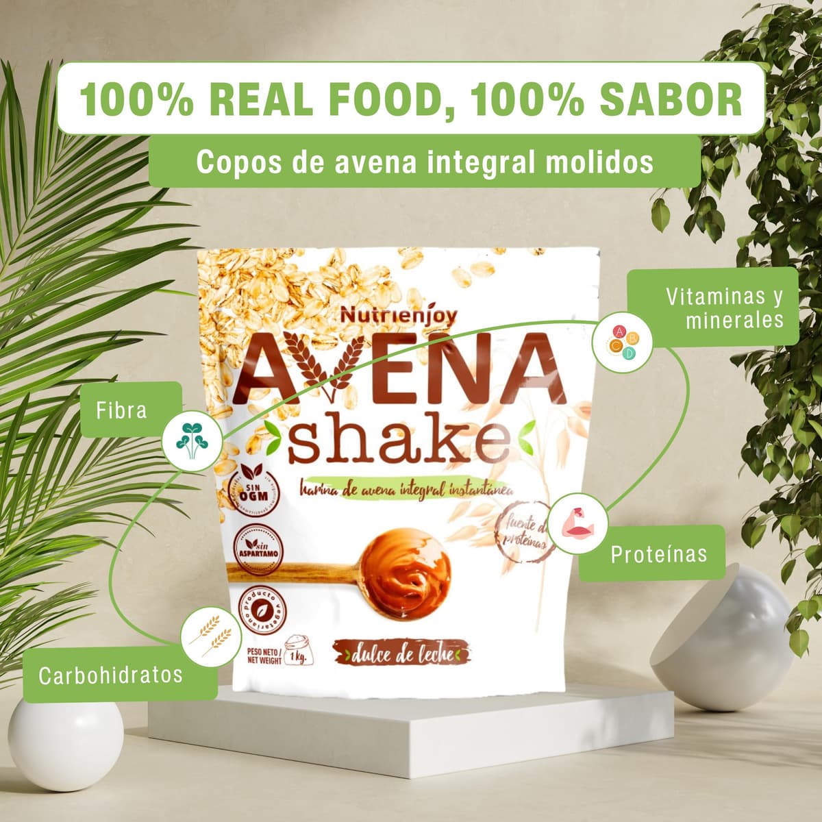 NutriEnjoy - Avena Shake 1Kg | Copos de Avena Integral Molidos | Harina de Avena Sabores | Avena en Polvo | Harina de Avena Integral | Avena Instantánea Sabores Deliciosos (Dulce de Leche) — view 2