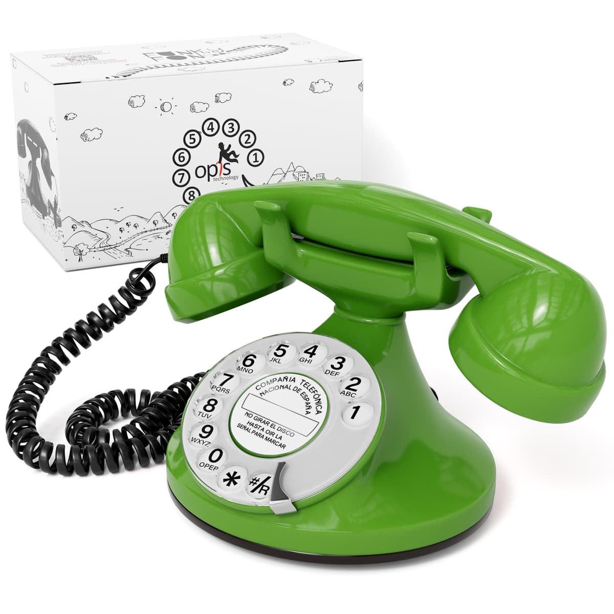 Opis FunkyFon Cable: El Teléfono Fijo Retro Vintage, un Teléfono Antiguo y Clásico para tu Casa Verde