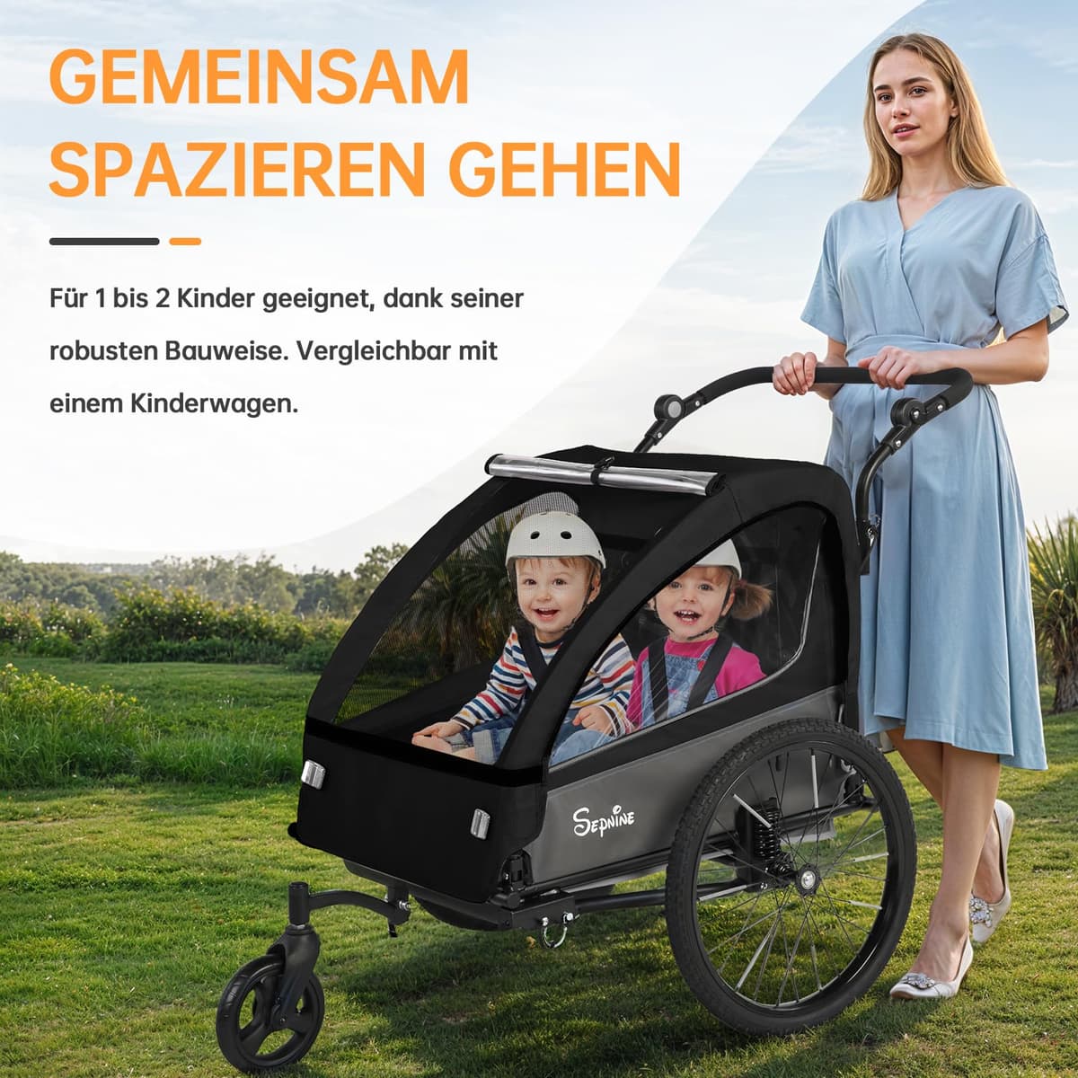 SEPNINE Remolque Infantil 2 en 1 y Cochecito con suspensión, Remolque de Bicicleta para 1 a 2 niños máximo, función de Jogger, Plegable, Amplio Maletero — view 2