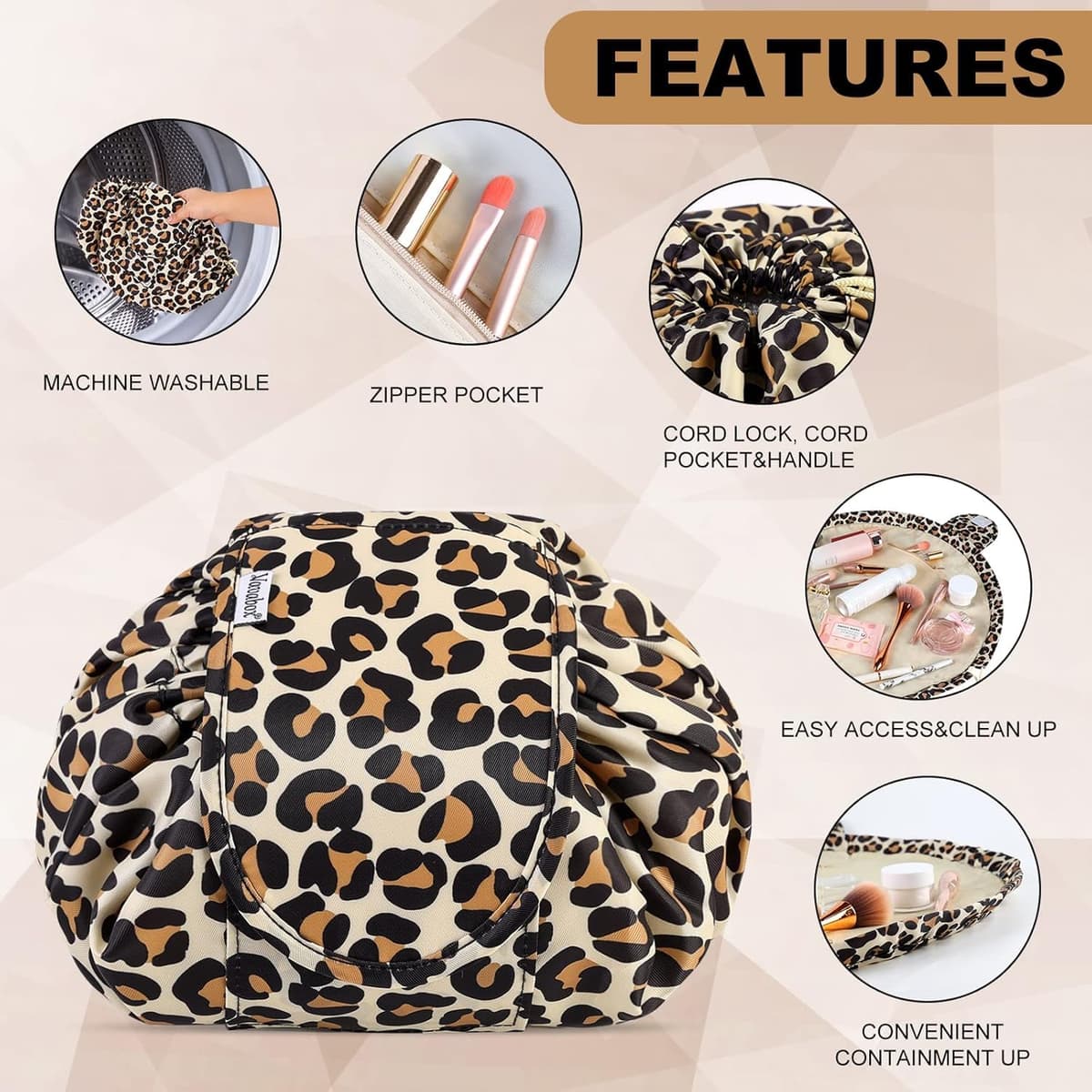 Lazy Drawstring Makeup Bags, Large Capacity Waterproof Travel Portable Cosmetic Bag Pouch Makeup Pouch Storage Organiser for Women Girl (Yellow Leopard) — view 5