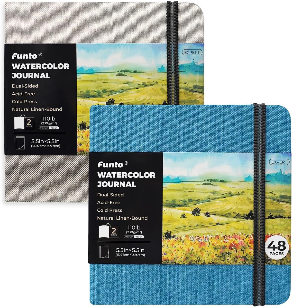 Funto Cuaderno de Acuarela, Cuadrado, Papel de Prensado en Frío a Doble Cara, 5,5" x 5,5", Portátil 2-Pack, 48 Páginas Cada Uno, con Banda Elástica, 110 lb/230gsm