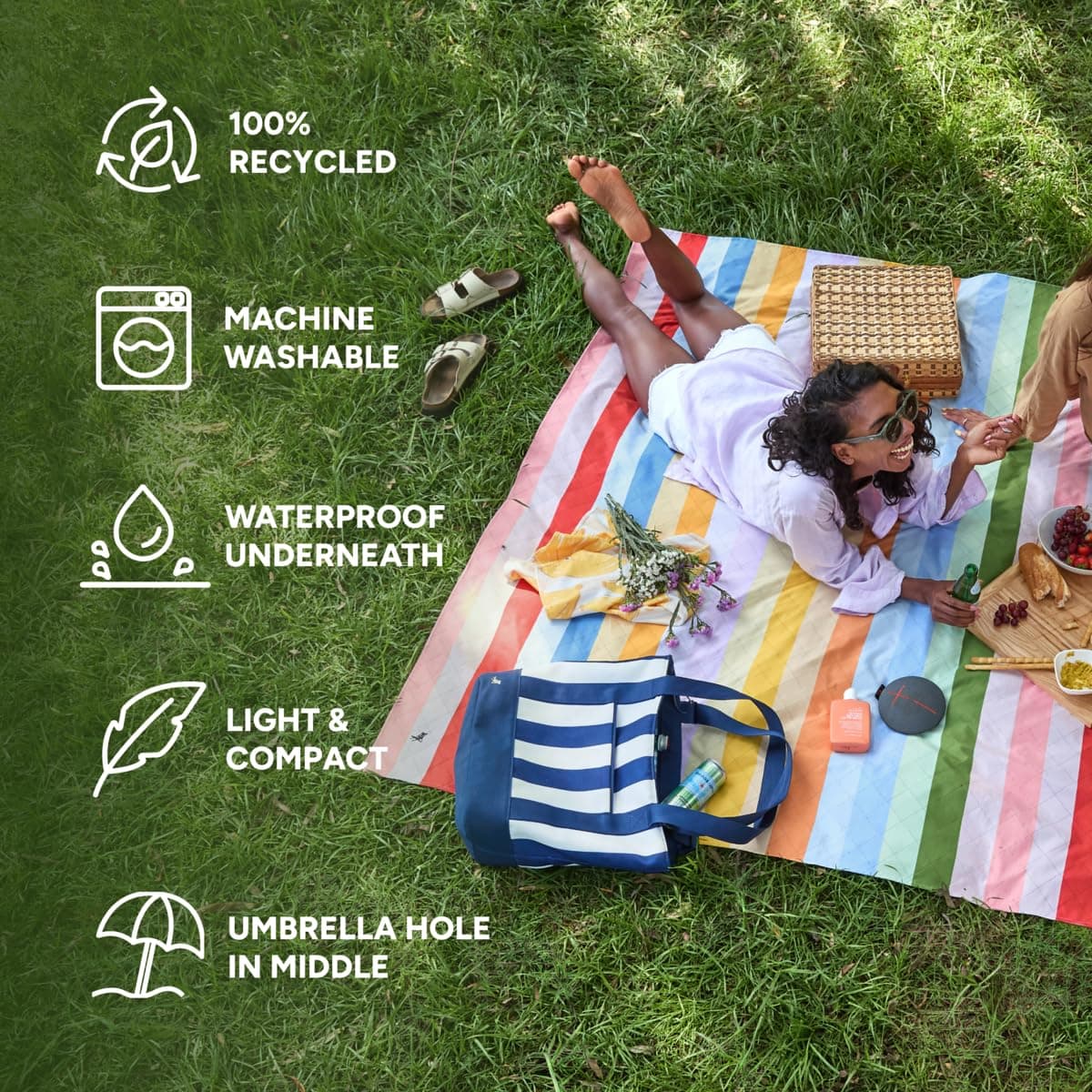 Dock & Bay Picnic Blanket - Quick Dry & Water Resistant - 100% Recycled Materials - Large (170x170cm) - Candy Stripes — view 2